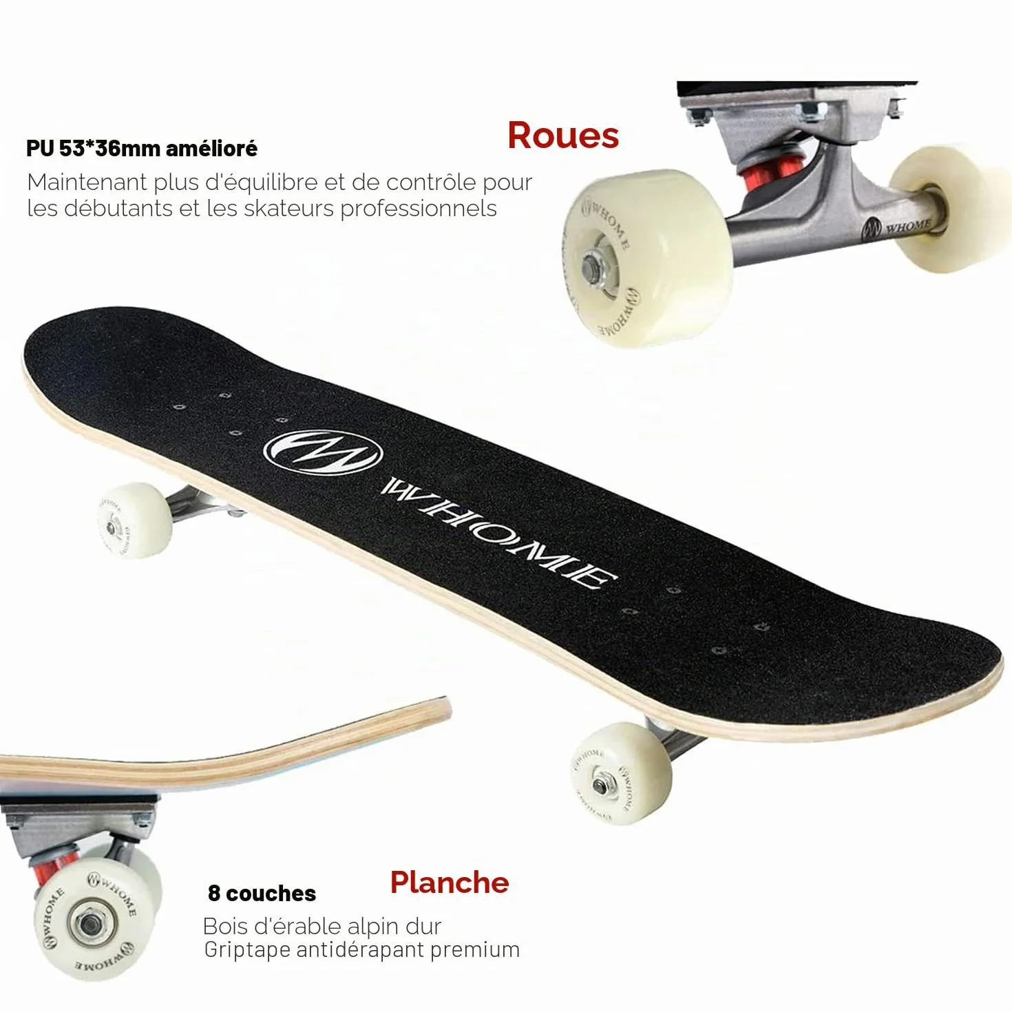 WHOME Pro Skateboard Complet 31x8 inch Plateau 8 Plis érable Alpin Roulement ABEC-9