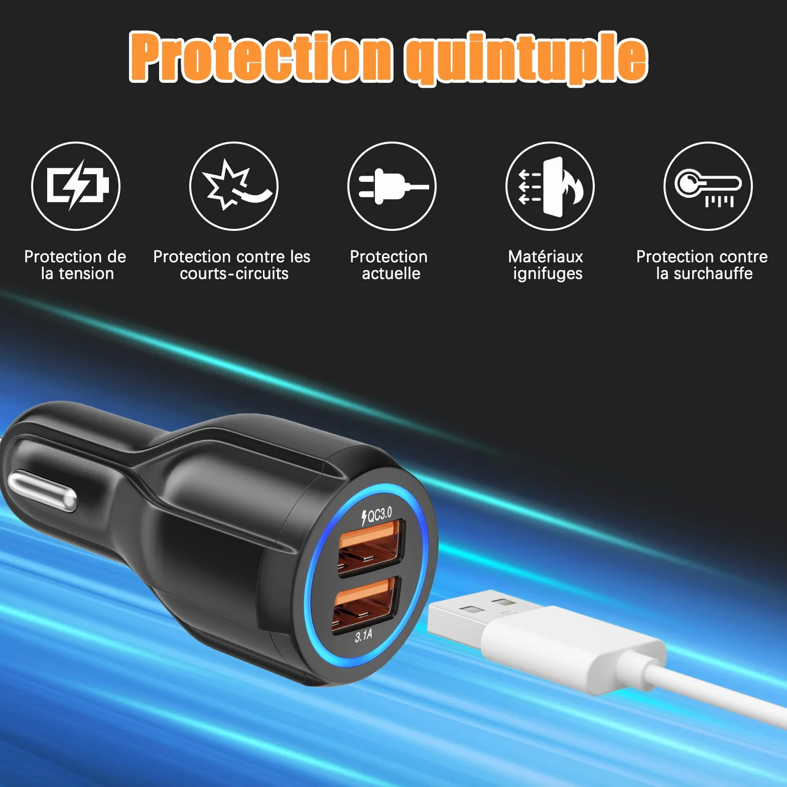 Hoppac Chargeur de Voiture USB, 2 Ports, Quick Charge 3.0 Allume-Cigare Compatible avec iPhone, iPad Samsung Galaxy S10/S9/S8, Huawei, Xiaomi Noir