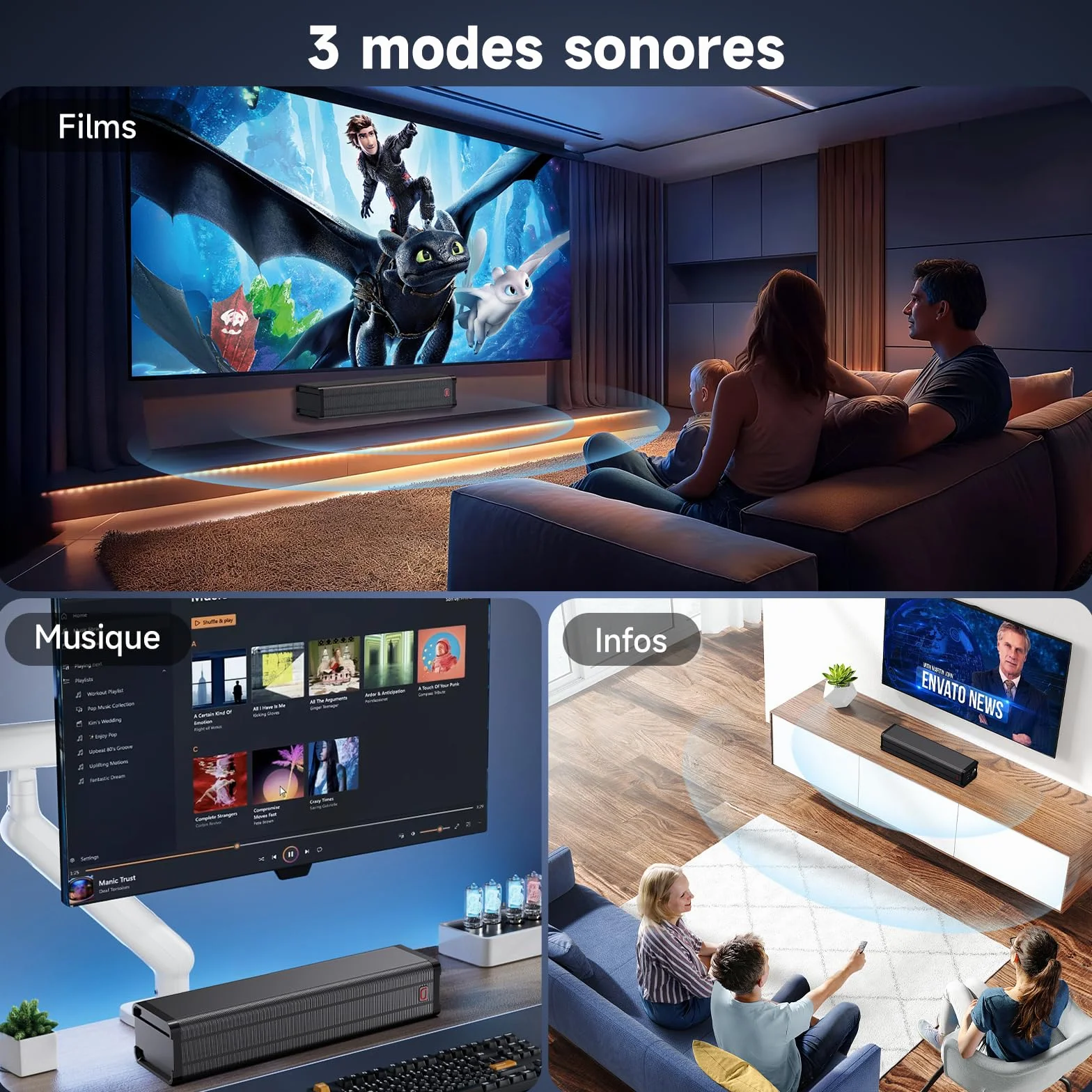 JYX Barre de Son TV 100W Bluetooth 5.4 HDMI Arc Optique AUX USB avec Tweeter Woofer 4 Pouces