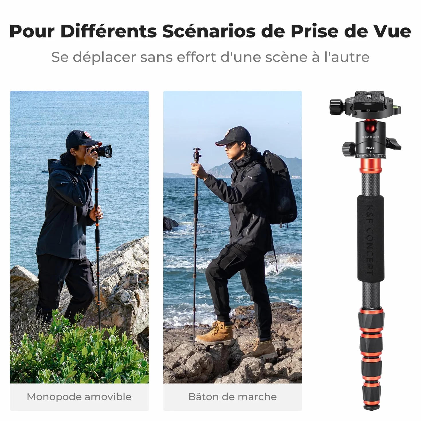 K&F Concept Trepied Carbone Monopode Appareil Photo 153cm, Trépied Professionel Compact A225C0 pour DSLR, Trepied Voyage Leger 5 Sections avec Rotule Metal Sac Transport Inclus Max:8kg