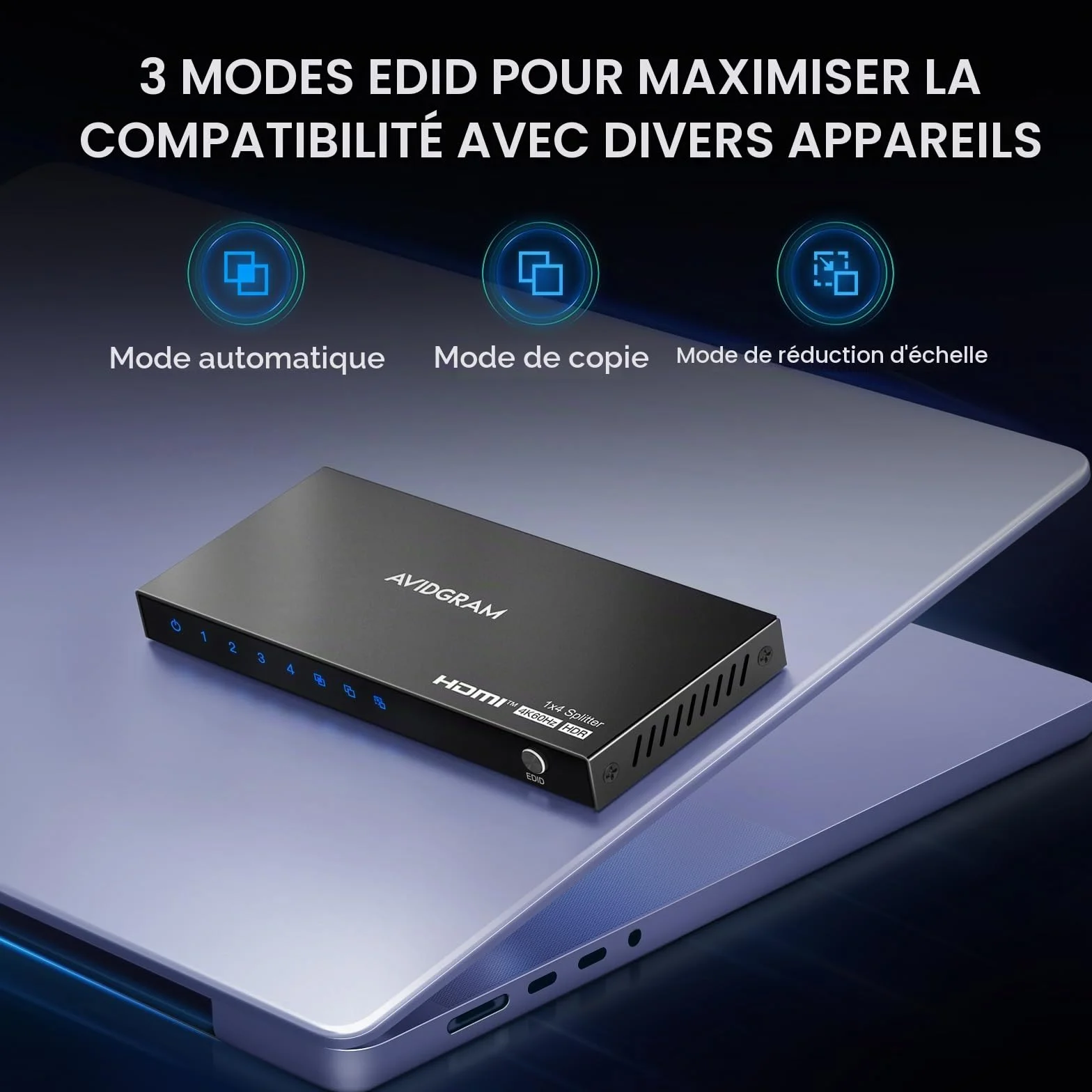 HDMI Splitter 1 in 4 Out 4K 60Hz 4:4:4, AVIDGRAM Répartiteur HDMI 4 Sorties avec Copy, Downscaler et Auto Mode pour Double Affichage identique Soutien1080p 120Hz HDMI2.0 HDCP 2.2 HDR10 18Gbps 3D
