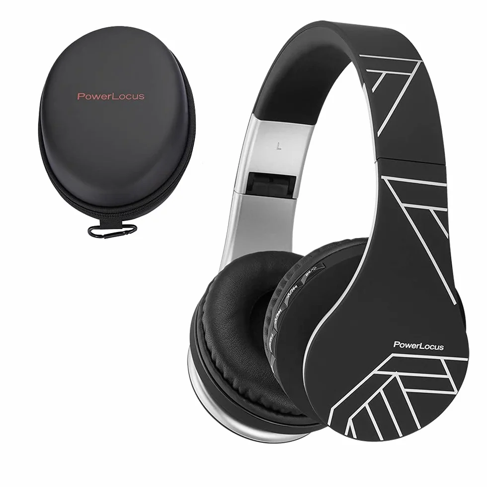 PowerLocus Casque Bluetooth sans Fil, Pliable Casque Audio Stéréo, Oreillette Bluetooth avec Micro Intégré/Micro SD/FM Radio pour Téléphones/PC/Tablettes/TV (Noir/Argent)