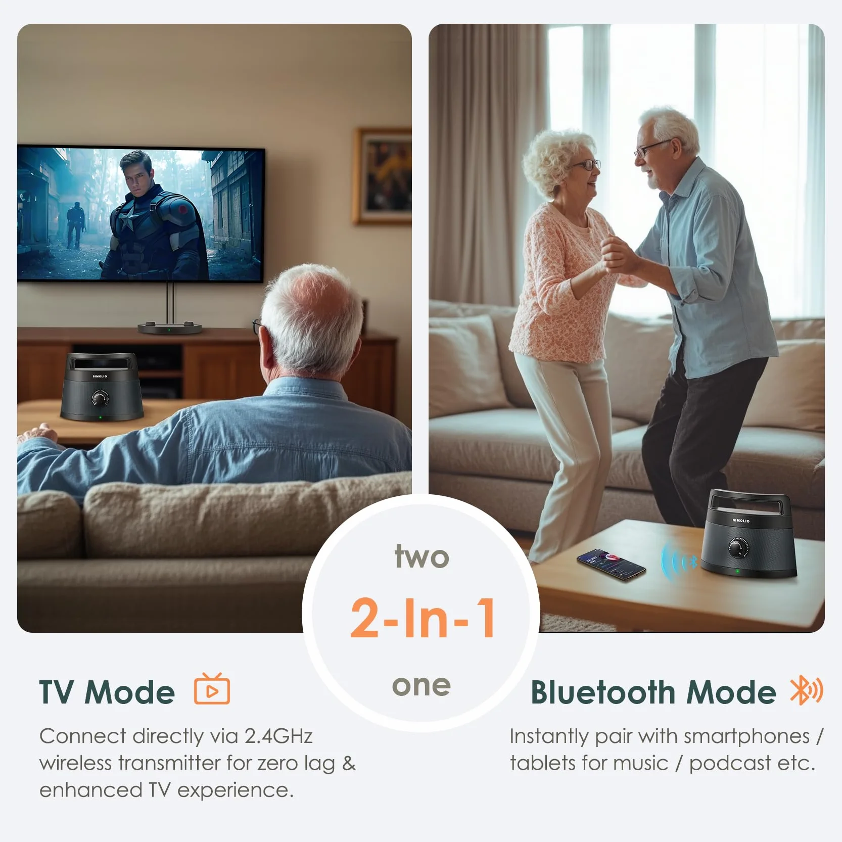 SIMOLIO Enceintes TV sans Fil Seniors Malentendants Bluetooth Haut-parleurs 3 Modes Égalisation Améliorateur Dialogue 164 Pieds