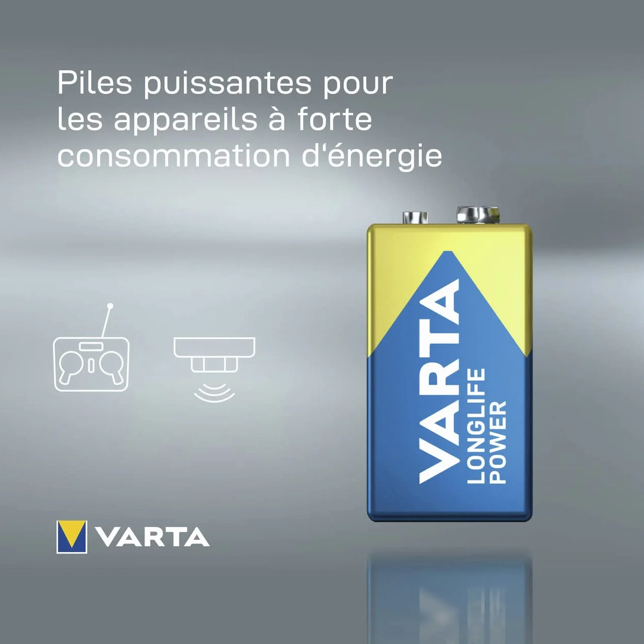 VARTA Piles Pile Bloc 9V, lot de 1, Longlife Power, Alcaline, pour détecteurs d'incendie, détecteurs de fumée, microphones