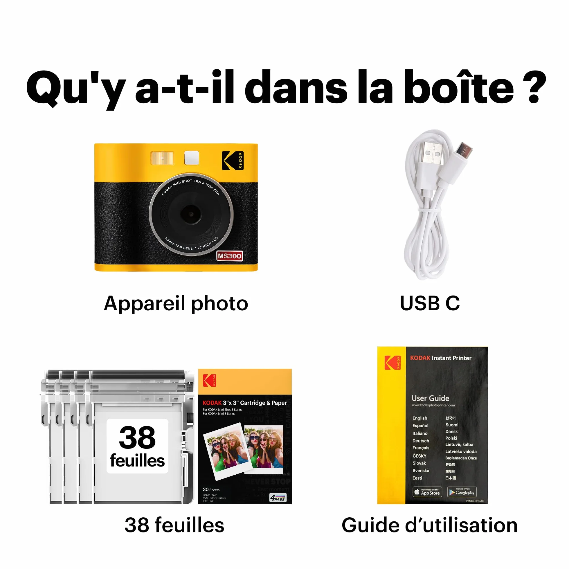 KODAK Mini Shot 3 Era 4PASS 2-in-1 Appareil Photo Instantané et Imprimante Photo Portable (7,6x7,6cm) Appareil Photo + Paquet avec 38 Feuilles, Noir
