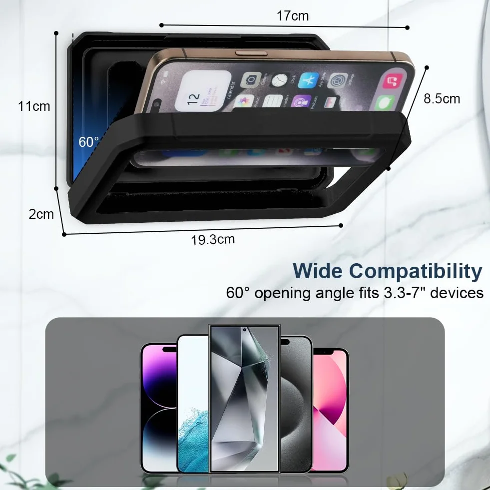 HOTUT Support de Téléphone de Douche Étanche, Étui Téléphone Mural Rotation à 360°, Support Universel pour Douche Salle de Bain Cuisine pour Moins 7" Phone, Écran Tactile Haute Définition - Noir