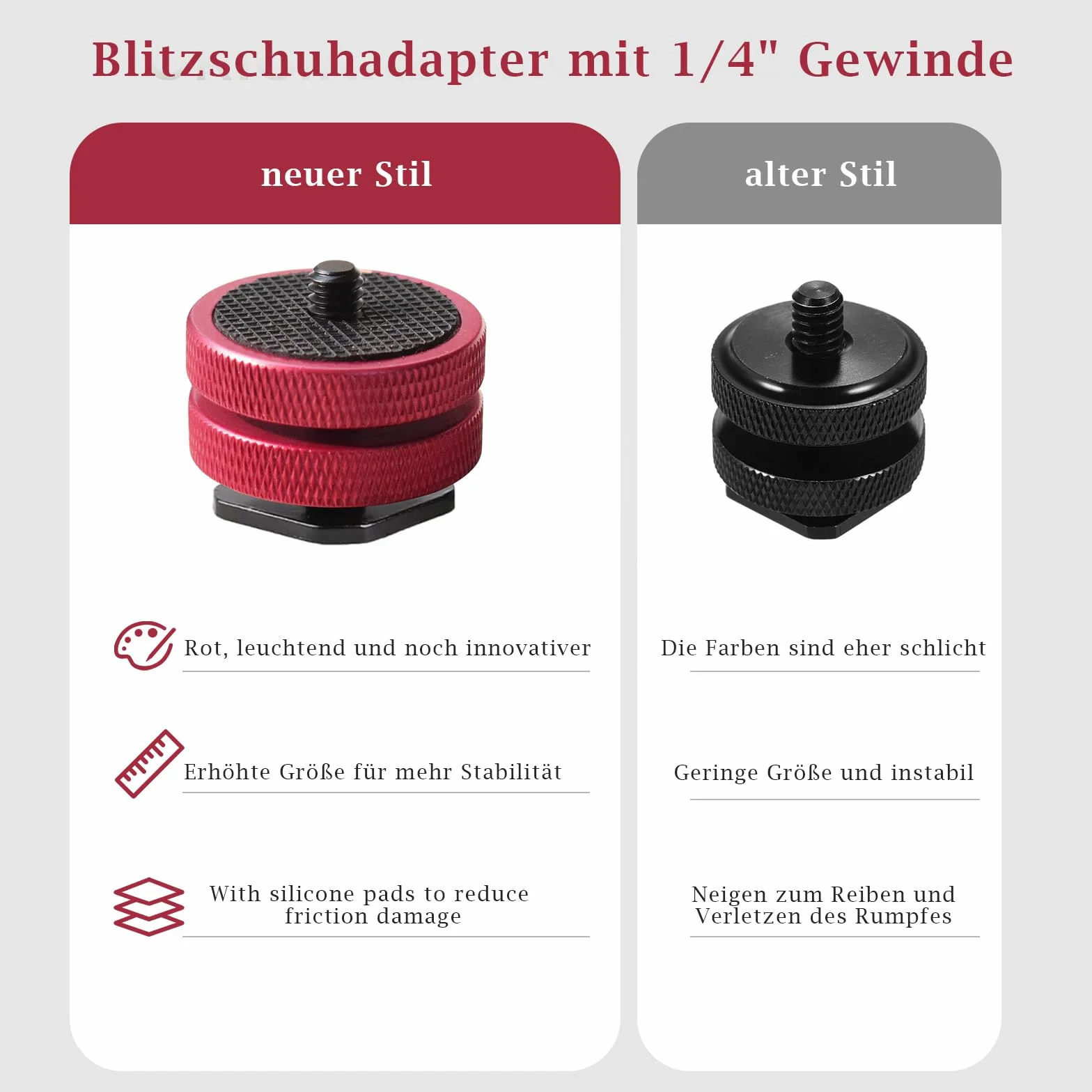 Adaptateur Griffe Flash vers 1/4"-20 Rouge – Écrou de Blocage Rond Élargi avec Patin en Caoutchouc Antidérapant – Support Griffe Froide Professionnel pour Moniteurs, Éclairages LED et Micros