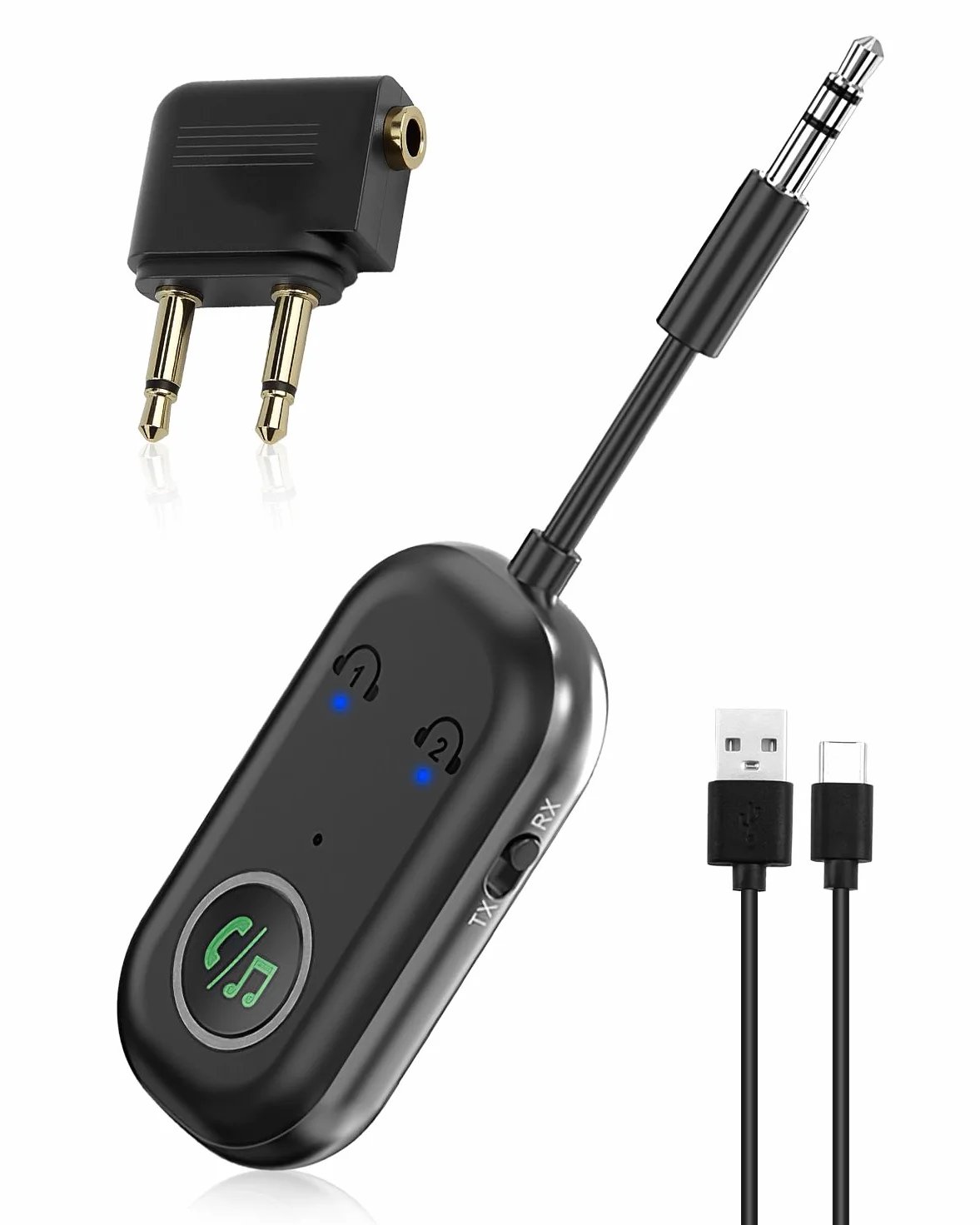 Adaptateur Bluetooth Avion 5.3, Transmetteur Récepteur 2 en 1, 3,5 mm AUX pour TV, Voiture, Casque