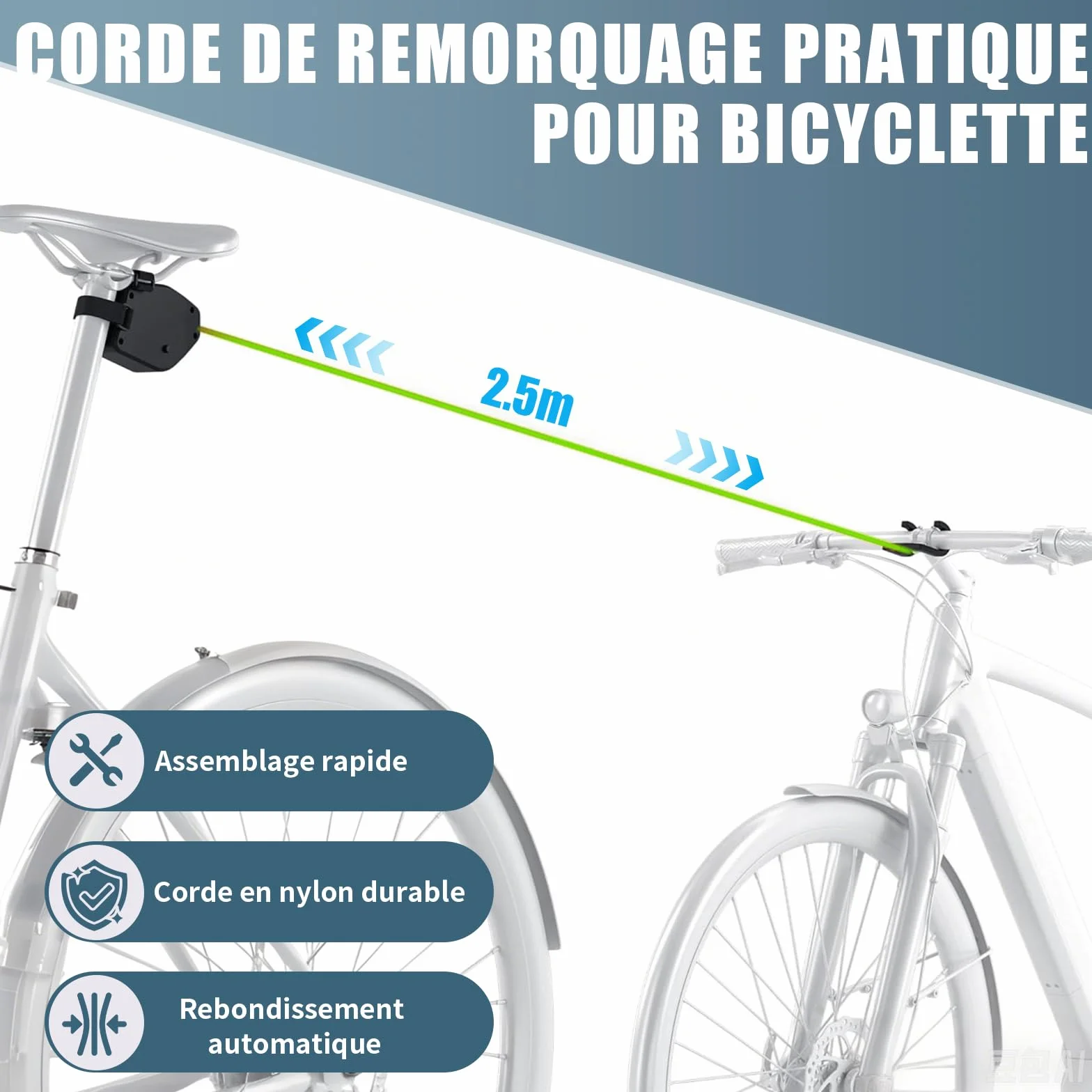 Corde de Remorquage Vélo Enfant 2,5m Vankarr Compatible Universel Enroulement Automatique