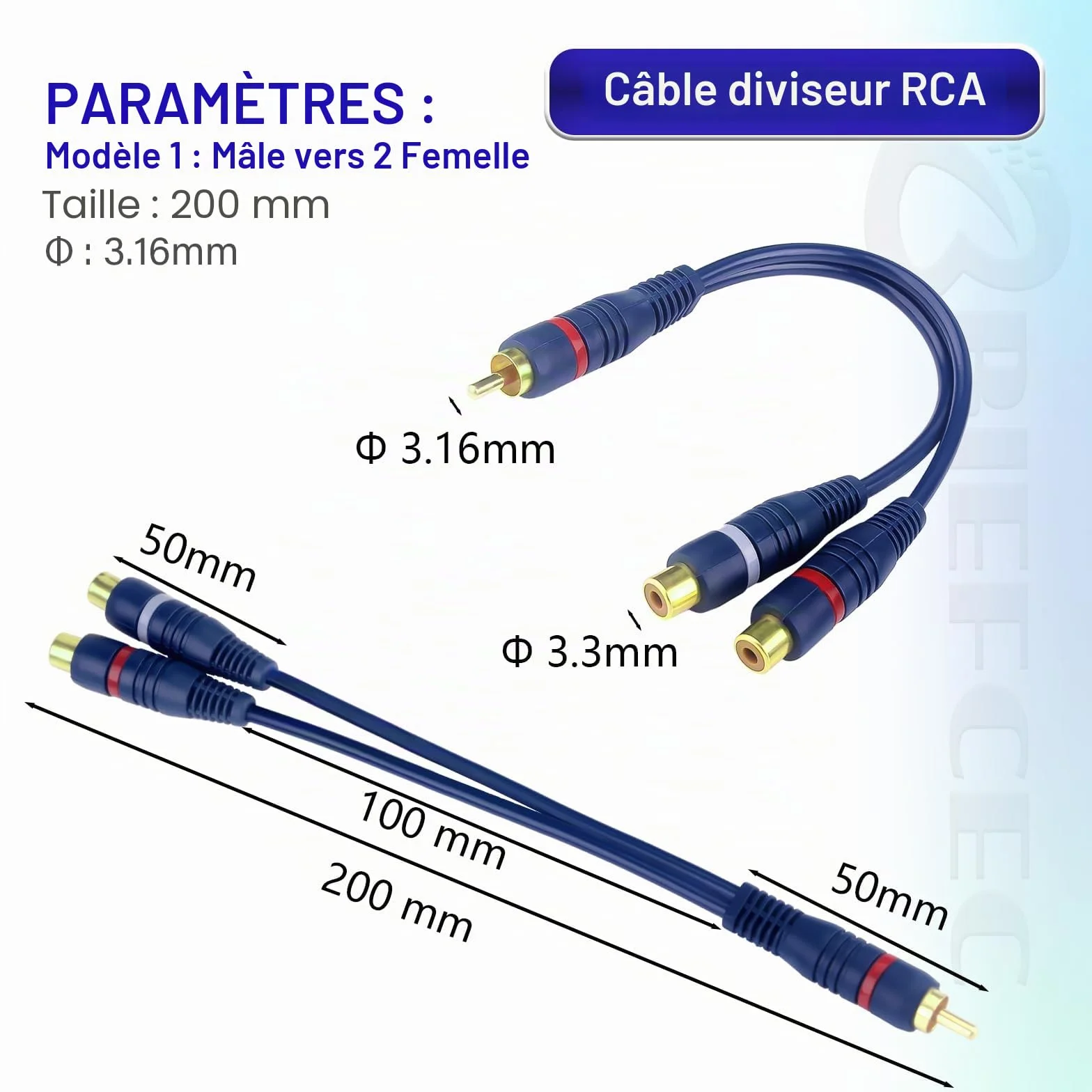 Câble Répartiteur RCA Audio Adaptateur Câble Y Cinch, 15cm RCA vers JACK 1 Mâle à 2 Femelle pour Caisson Basses, Phono, AV, Audio, Subwoofer Voiture(2Pack, Bleu)