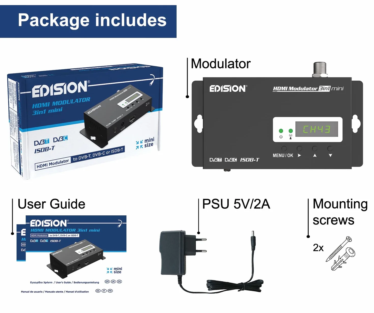 EDISION HDMI Modulator 3in1 Mini DVB-T ISDB-T DVB-C Full HD Coaxial LED