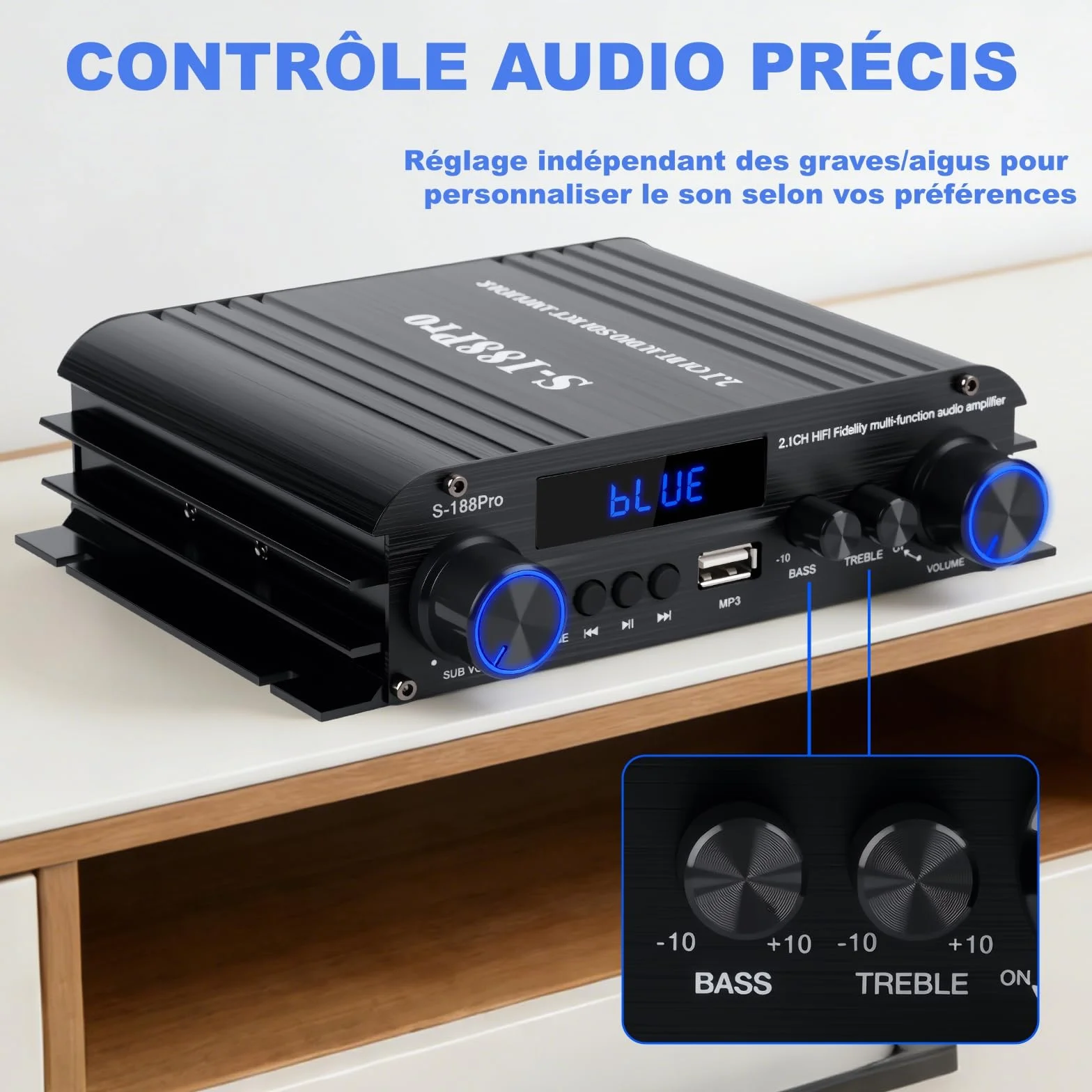 2.1 Chaîne Amplificateur Audio 50W×2 + Caisson de Basse 60W, 1000W Puissance de Crête, Bluetooth 5.3, Aux/USB/MP3, Réglage Grave/Aigu – Pour Home Cinéma, TV, Voiture