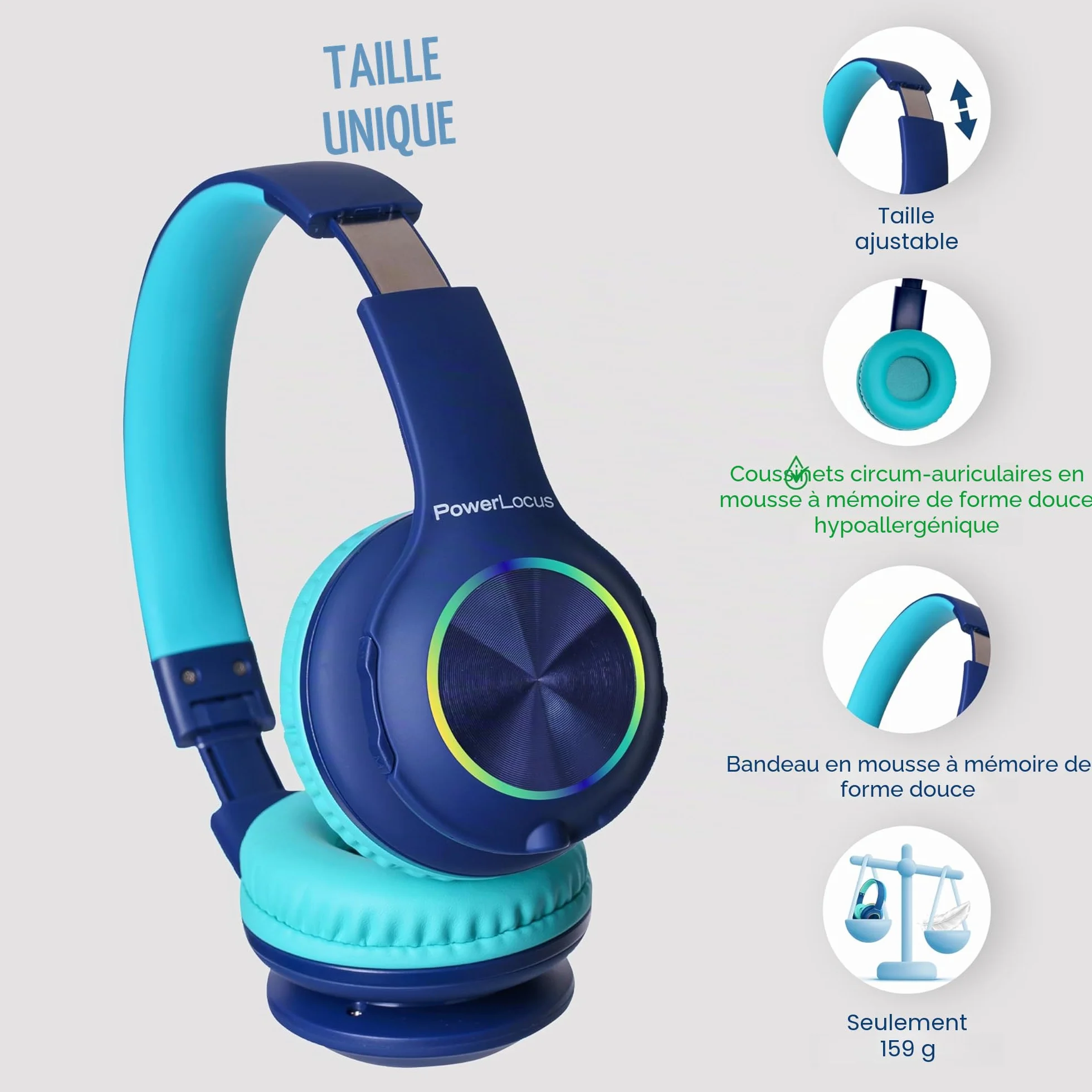 PowerLocus Casque Bluetooth Pliable sans Fil pour Enfant avec Lumières LED, HD Stéréo, USB-C Recharge Rapide, Micro intégré, SD Mode et Filaire pour iPhone/Tablettes/TV