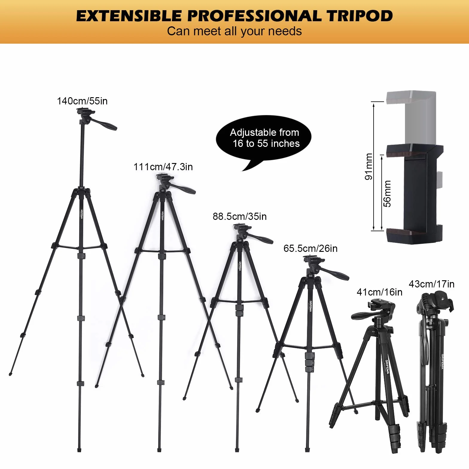 GRIFEMA Trepied Smartphone Pied Appareil Photo Pliable, 55”/140cm Alluminio Trepied Telephone avec Télécommande bluetooth et Support de fixation, Compatible avec iPhone/Android/Appareil Photo, GB1001