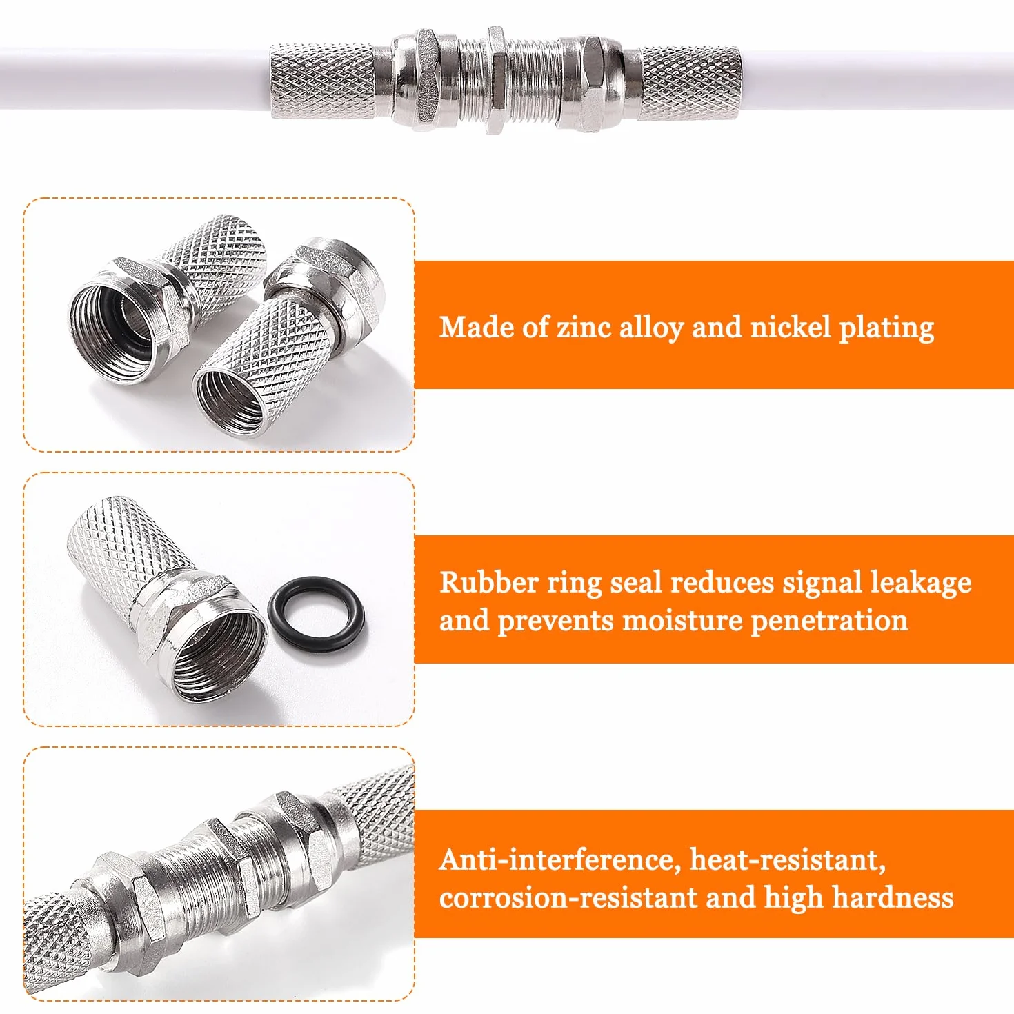 Connecteurs à Vis de Type F pour Câble Coaxial RG6, Argent, 10 Pièces