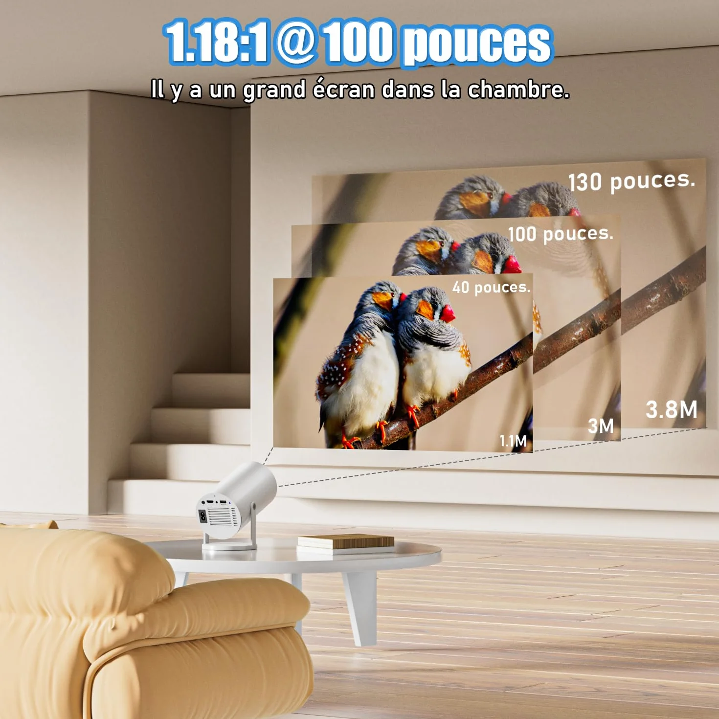 Mini projecteur portable Android 11 4K Ultra HD Smart 150" 5G WiFi6 BT5.4 rotatif 180° projecteur de film extérieur