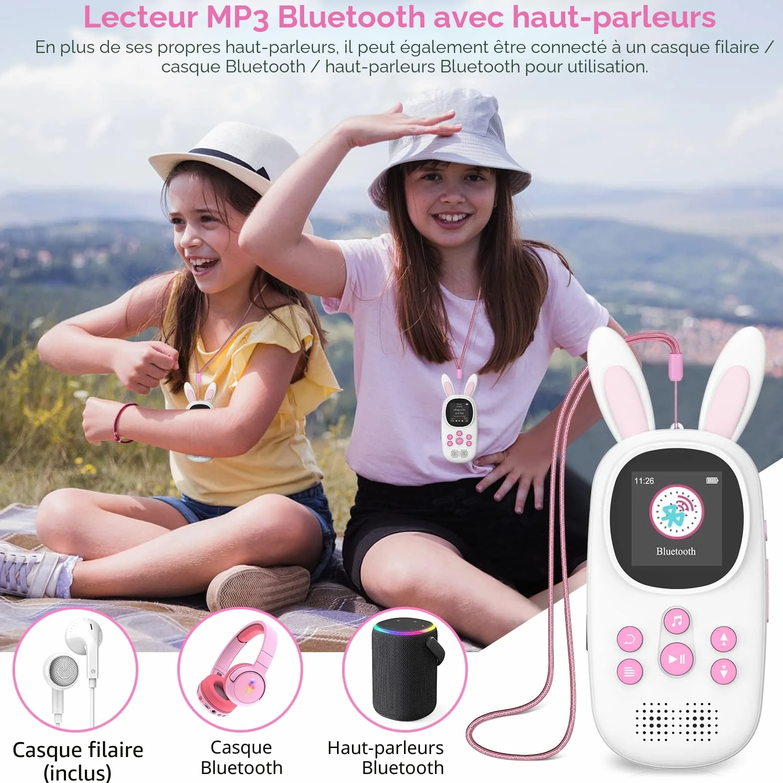 Lecteur MP3 Enfants 32 Go Bluetooth Haut-Parleur Radio FM Enregistrements Alarme Chronomètre