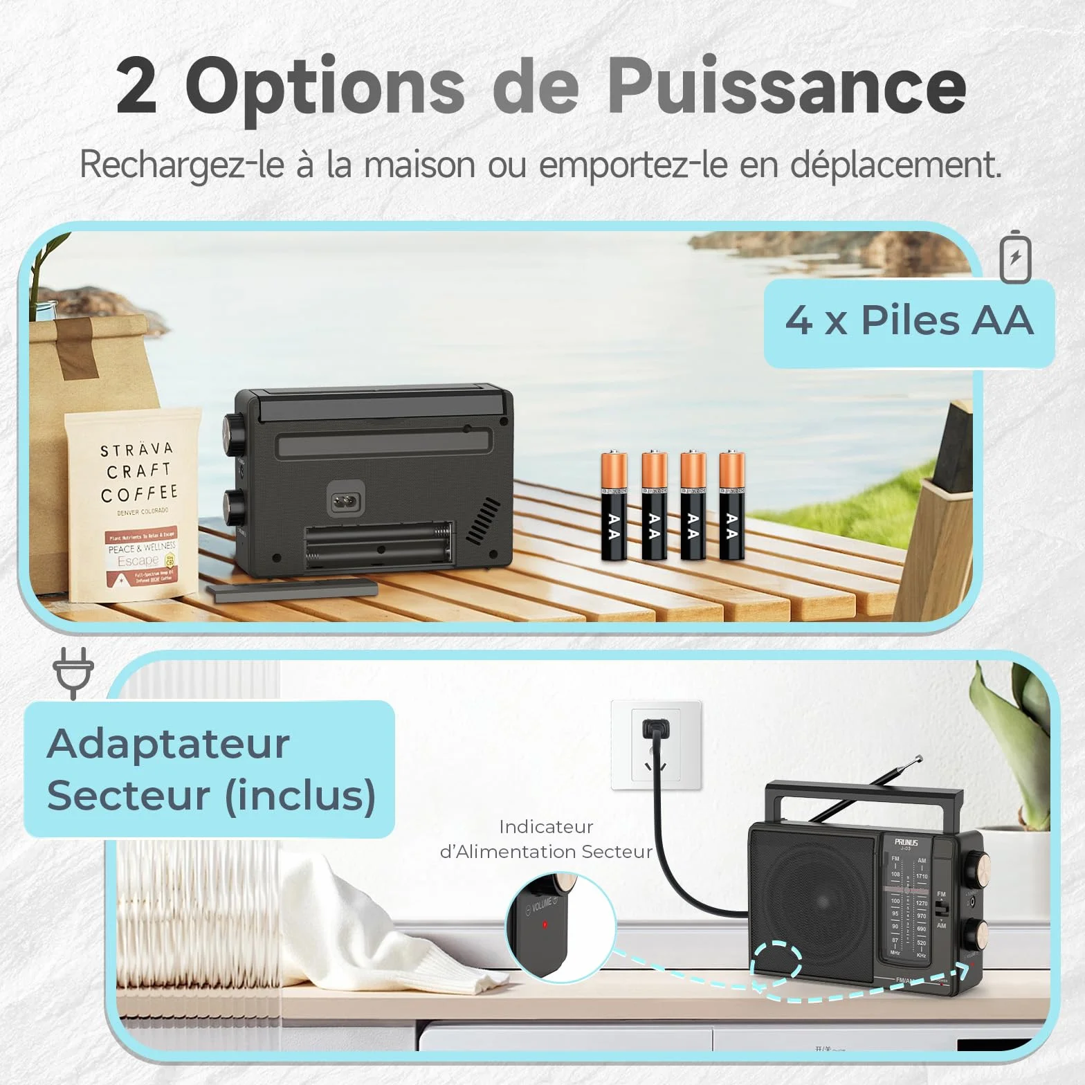 Poste Radio FM/AM PRUNUS J-03 Radio Portable Piles et Secteur, Transistor Haute Performance, Excellente Réception DSP, Haut-Parleur Puissant, Prise Casque 3.5mm - Idéal pour Personnes Âgées, Cuisine