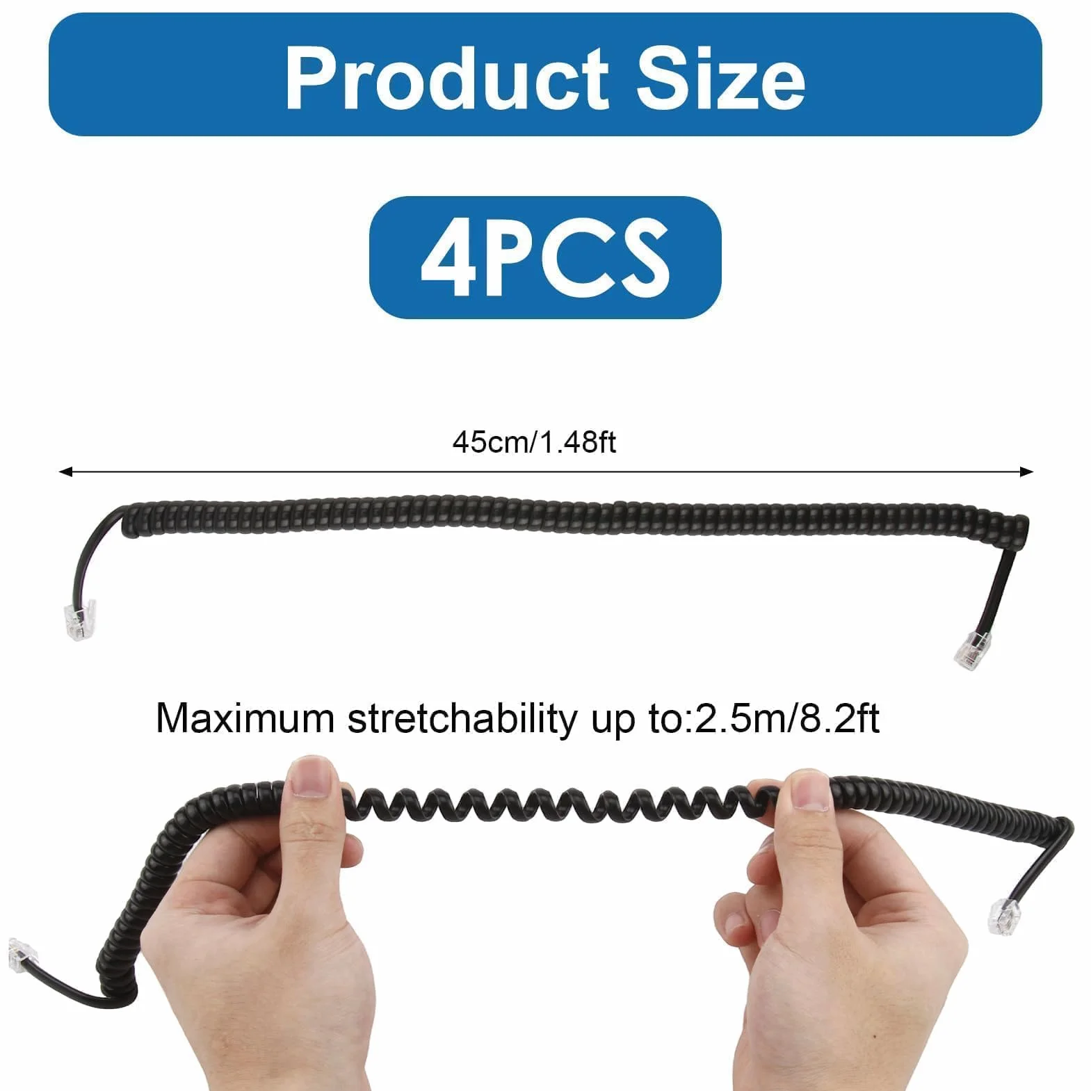 4 Pièces Cable Telephonique, 2.5M Combiné Téléphonique Câble Spiralé Cable Telephone Fixe 4P4C Cordon Fixe avec Prise Noir RJ9 pour Bureau à Domicile Téléphones Fixes AT&T Cisco NEC ROLM ITT TI