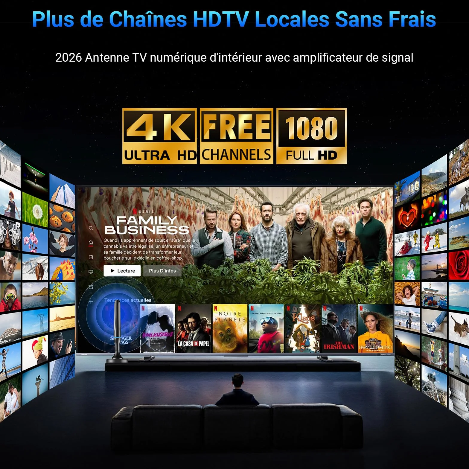 Antenne TV Intérieur Puissante TNT HD, 2026 Puissante Antenne TV Intérieur de Base magnétique puissante - 80km Réception Longue Portée à 360°, Compatible avec Portable 4K 1080P et Tous Les TVs (Bleu)