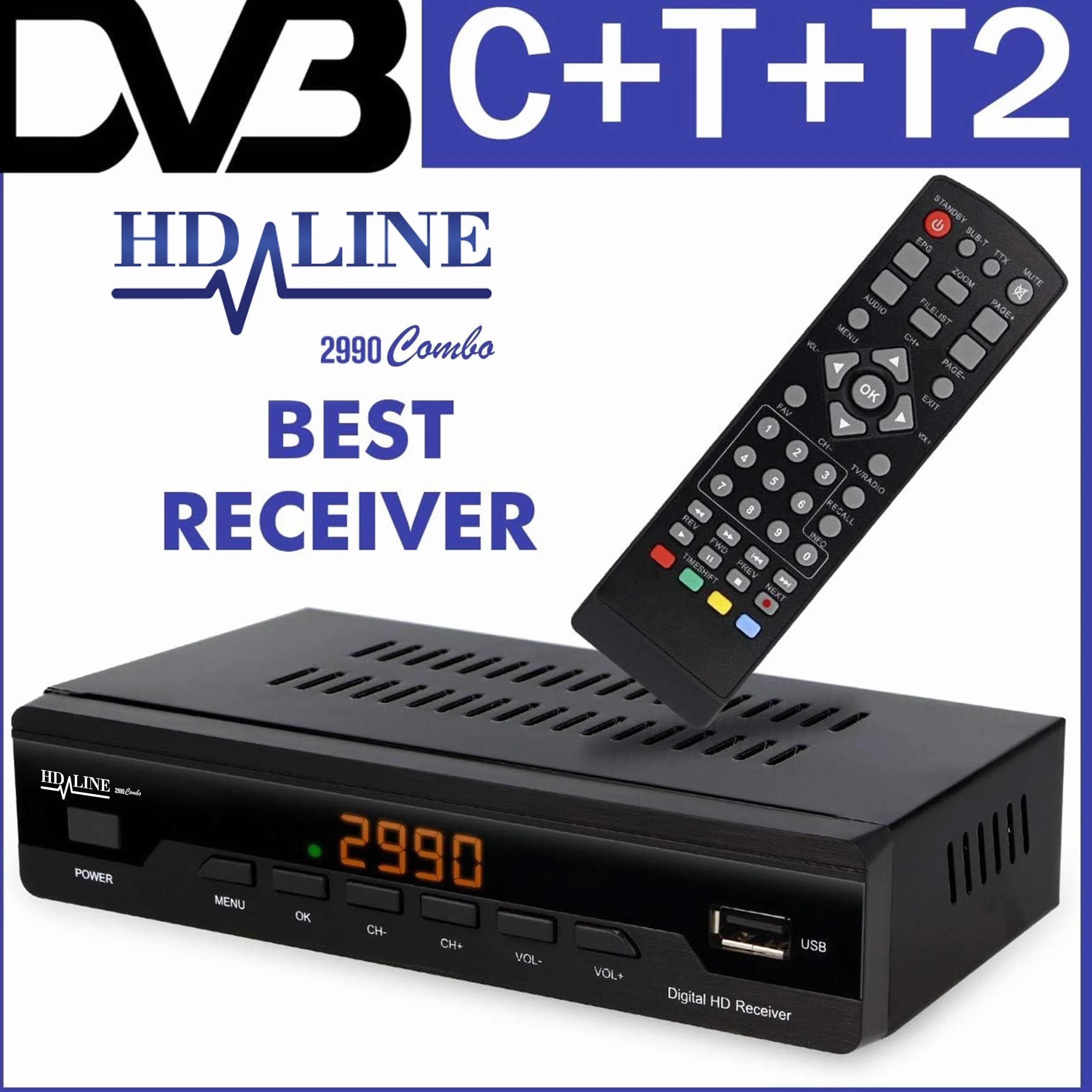 hd-line Récepteur de câble récepteur pour télévision numérique par câble 2990 Combo DVB-C (HDTV, DVB-C/C2, DVB-T/T2, HDMI, Péritel, USB 2.0, Wi-FI en Option) + câble HDMI Noir