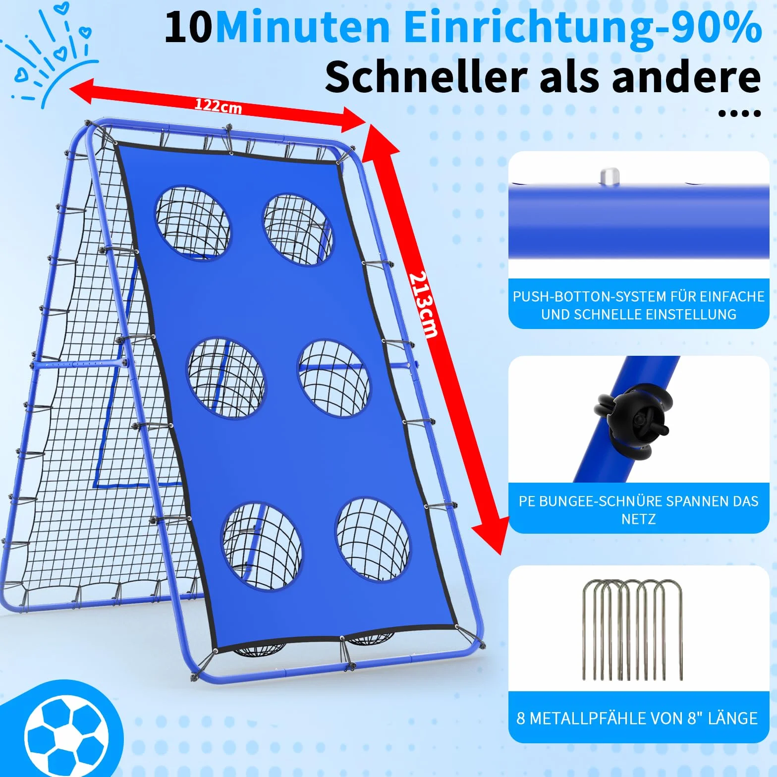 Filet de rebond volleyball 2,1 x 1,2 m réglable multi-angle avec piquets métalliques solides