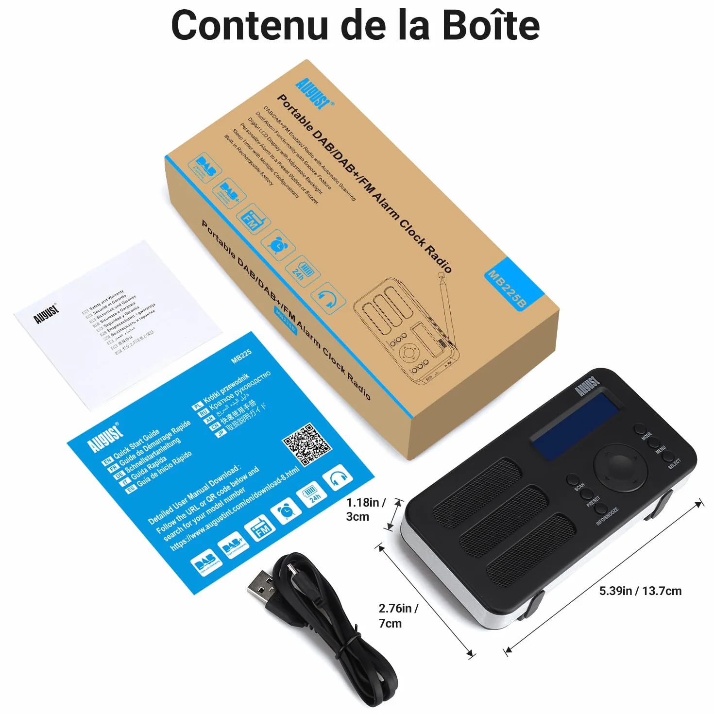 August MB225 - Radio Portable Rechargeable FM Dab RNT - Petite Radio Numérique Stéréo Portative Digitale avec Batterie Alarme Poste 40 Présélections et Prise écouteurs (Noir)