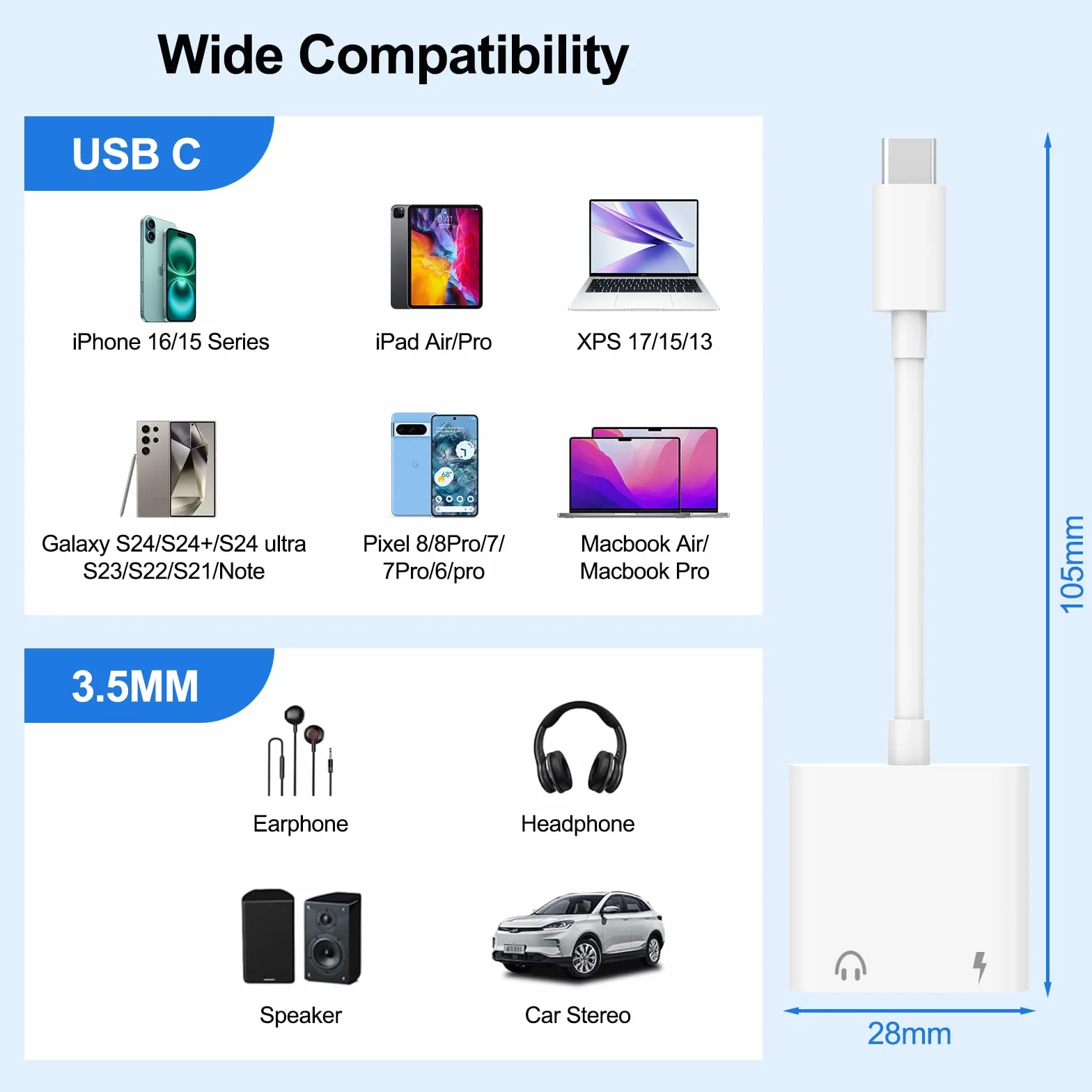 Adaptateur USB C vers Jack 3.5mm avec Charge Rapide 60W, Hi-Res Adaptateur Casque USB-C Compatible avec iPhone 16/15 Pro Max Samsung Galaxy S24/S23/S22/S21 Ultra iPad Pro Pixel