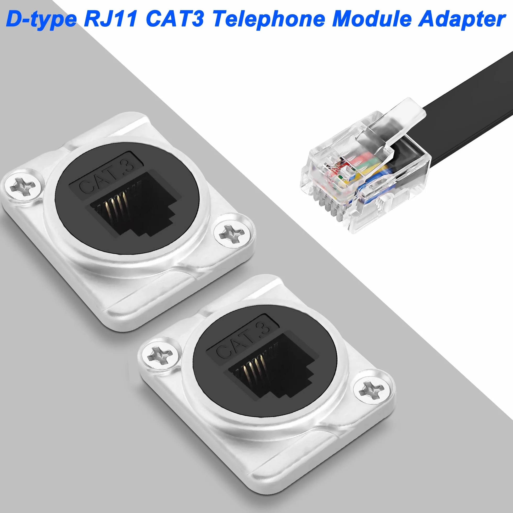 XMSJSIY Lot de 2 adaptateurs de panneau de type D RJ11 CAT3 femelle vers femelle type D CAT3 6P4C pour téléphone - Adaptateur passe-through - Adaptateur de bureau - Argenté