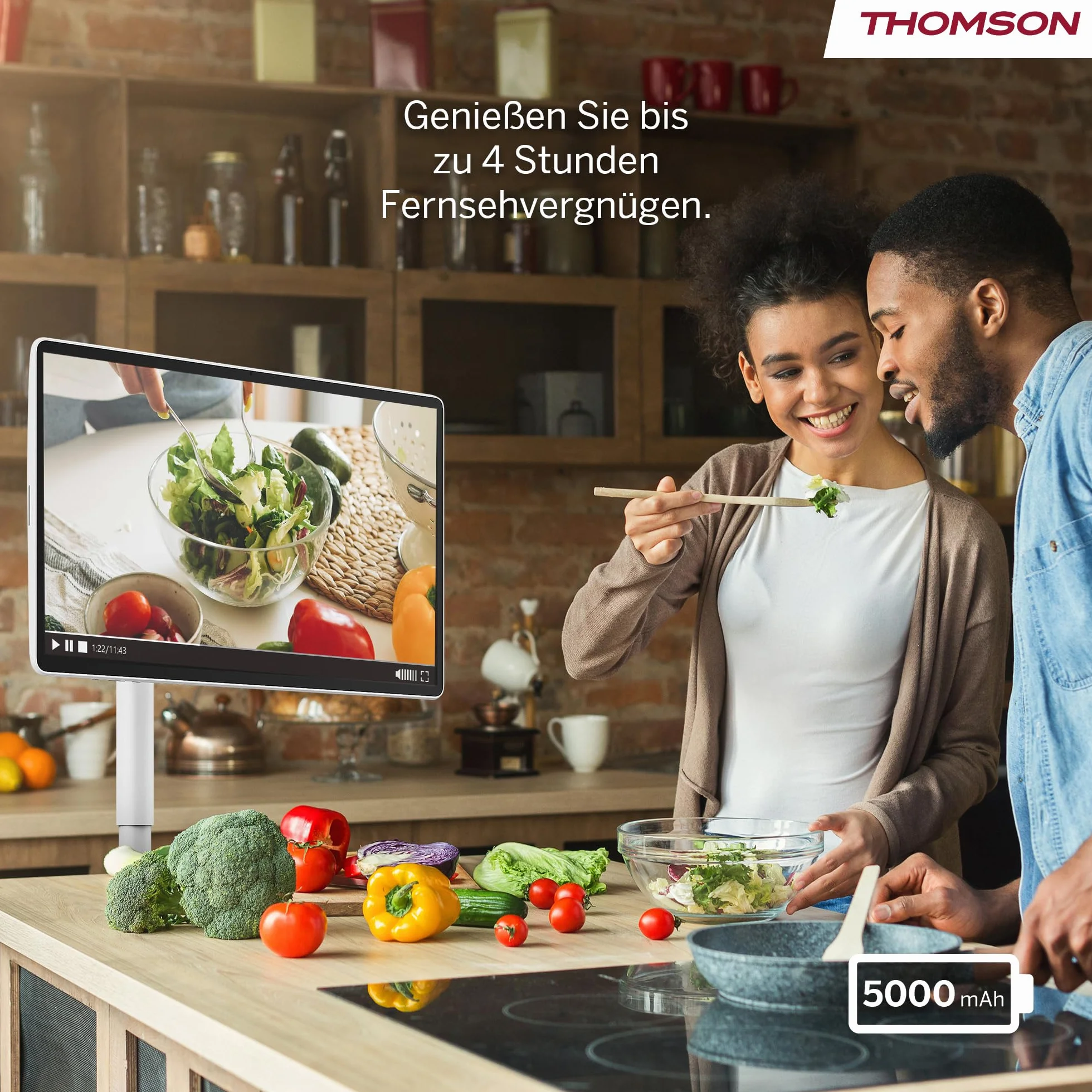 THOMSON Go Plus Pro Écran Tactile Intelligent 27 Pouces (69 cm) FHD Android Commande Vocale Hotspot Caméra 5MP Caisson de Basses WiFi 6 Bluetooth Batterie 4 Heures Support Portable