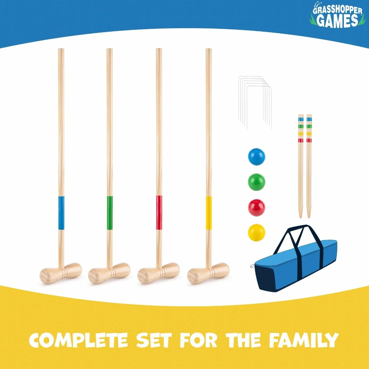 Toyrific Jeu de croquet en bois, 4 maillets, 4 boules, ensemble complet pour enfants et adultes, jeu de jardin