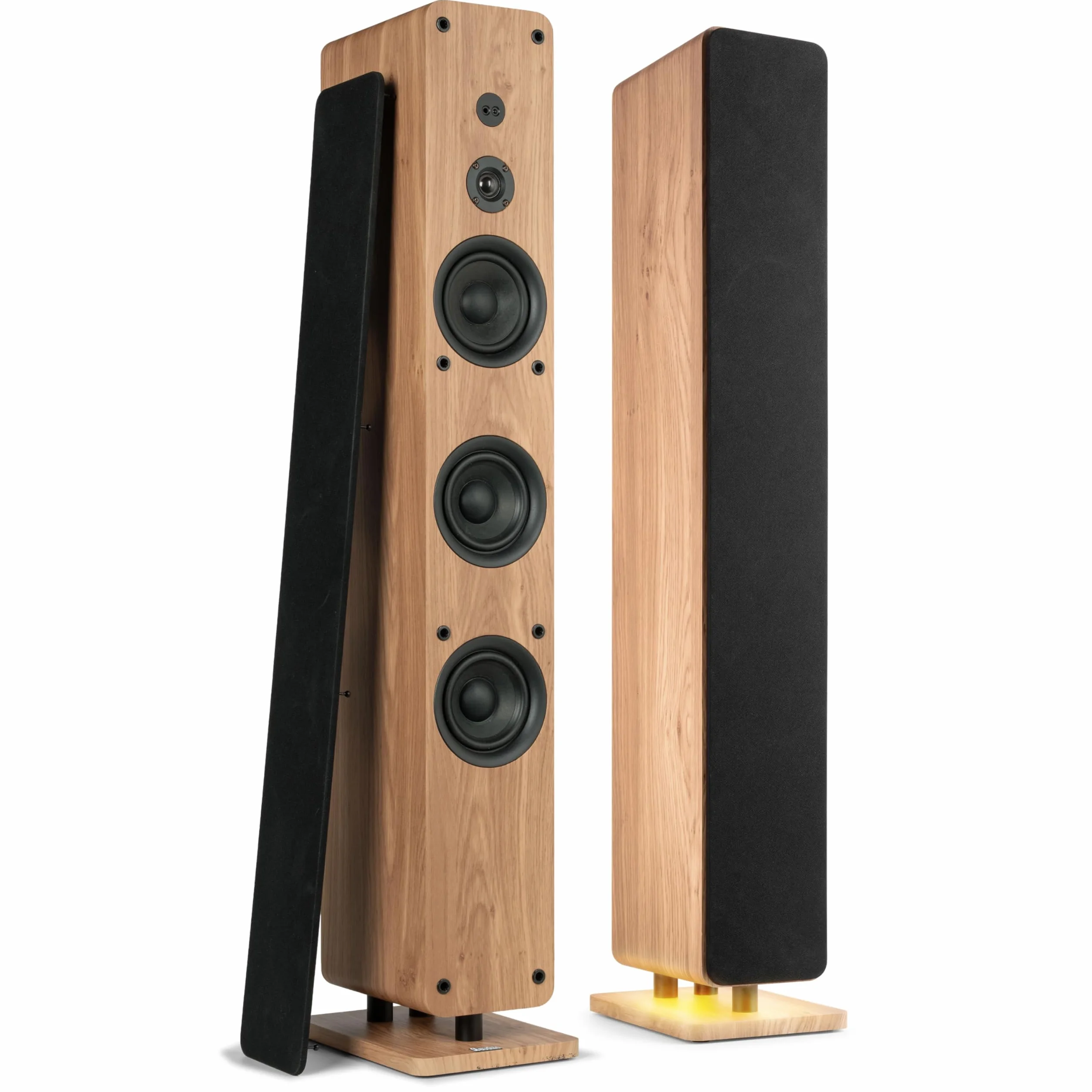Audizio ARCO Tour de Son Hi-FI Stéréo 320W Chêne Clair - Pack Enceintes Colonnes Active + Passive avec BT, USB et Optique Tour de Son Design pour Salon, TV et Musique
