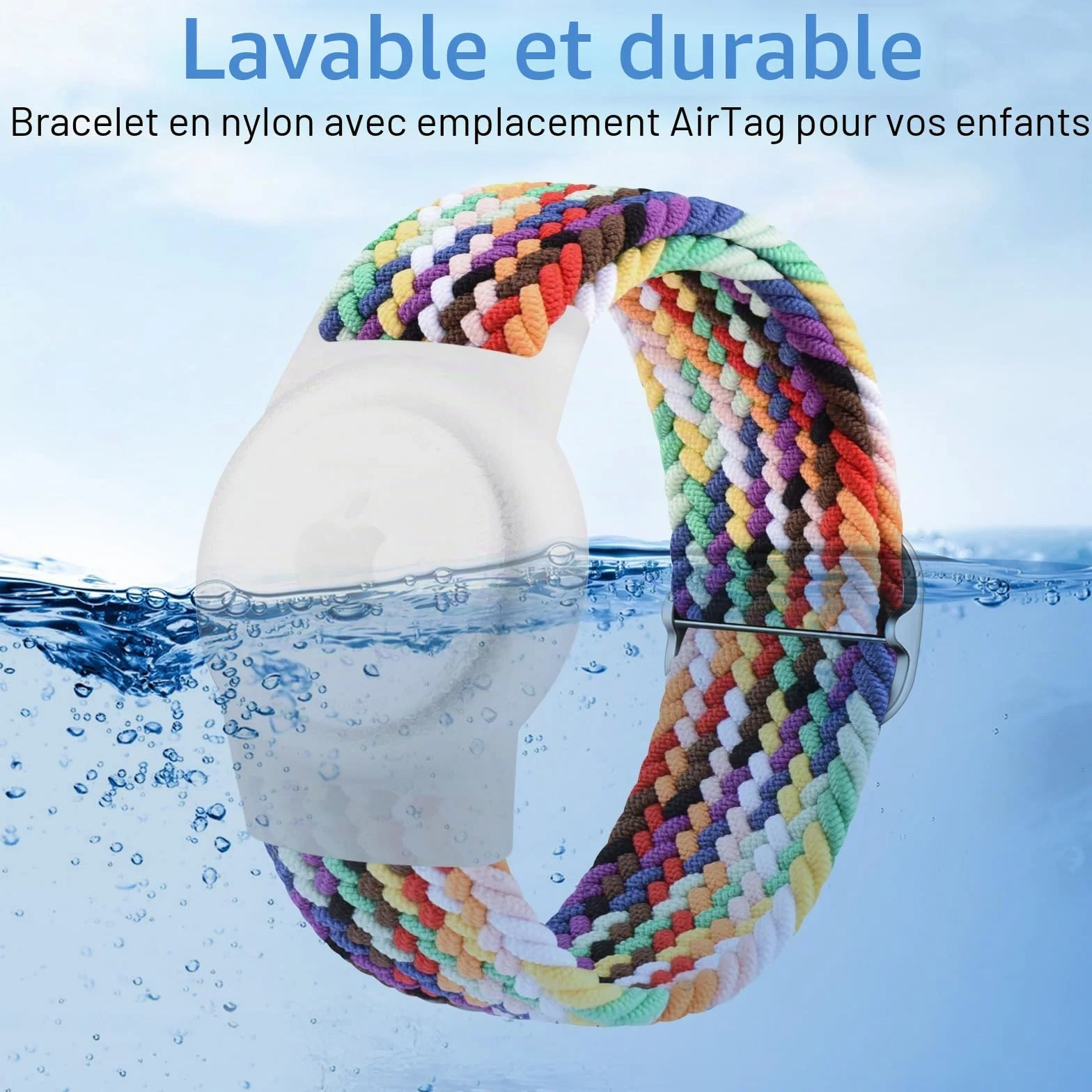 Vancle Bracelet Airtag Enfants, élastique Bracelet de Rechange, Coque Résistant aux Rayures, Facile à Porter, Couverture de Protection en Nylon Tressée pour Enfants et âgés, Arc Ciel