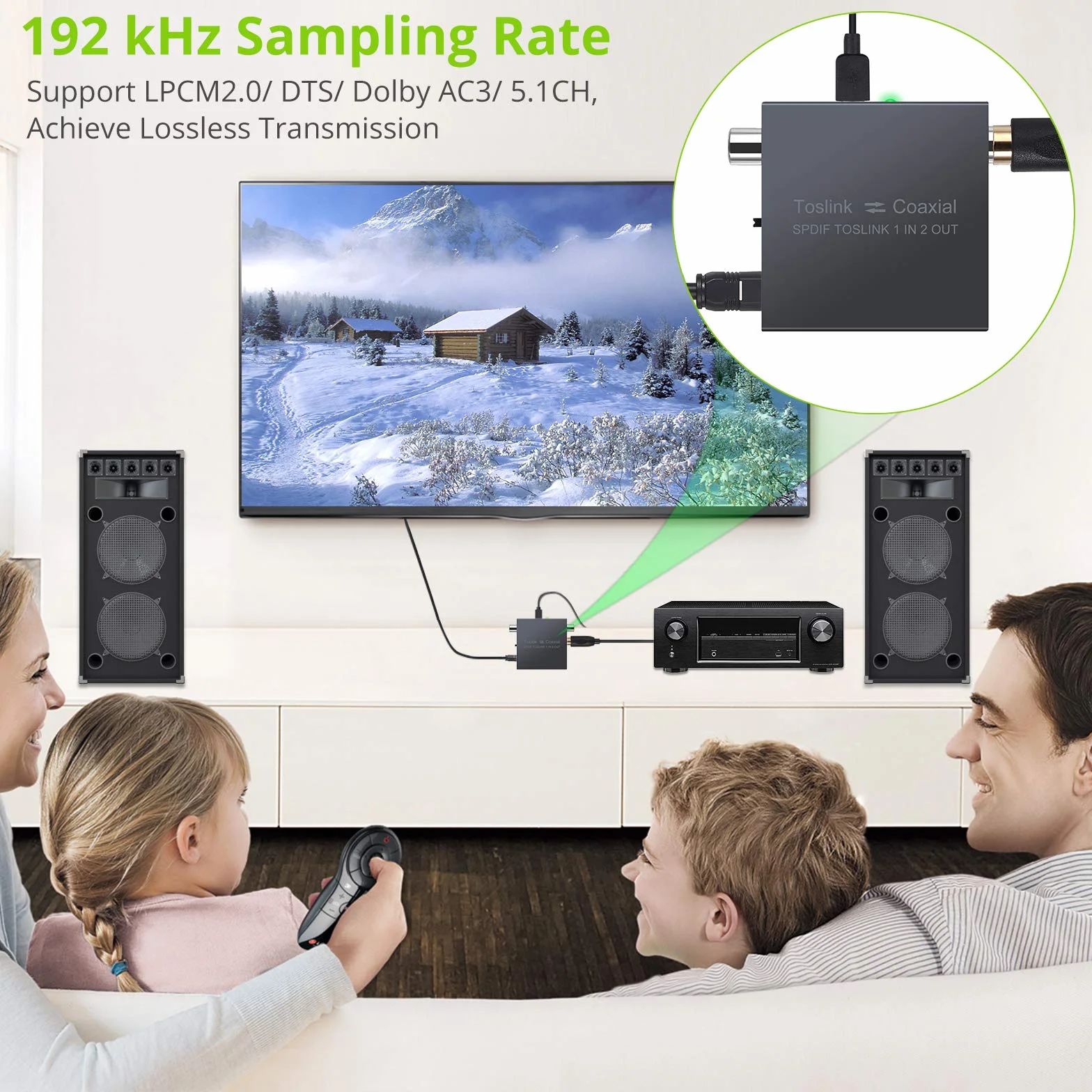 LiNKFOR 192KHz Bidirectionnel Coaxial-Optique Convertisseur Métal avec 1X2 Optique Toslink SPDIF Splitter DTS Dolby AC3 avec Câble Optique/Coaxial Audio Numérique Commutateur pour HDTV PS4 SoundBar
