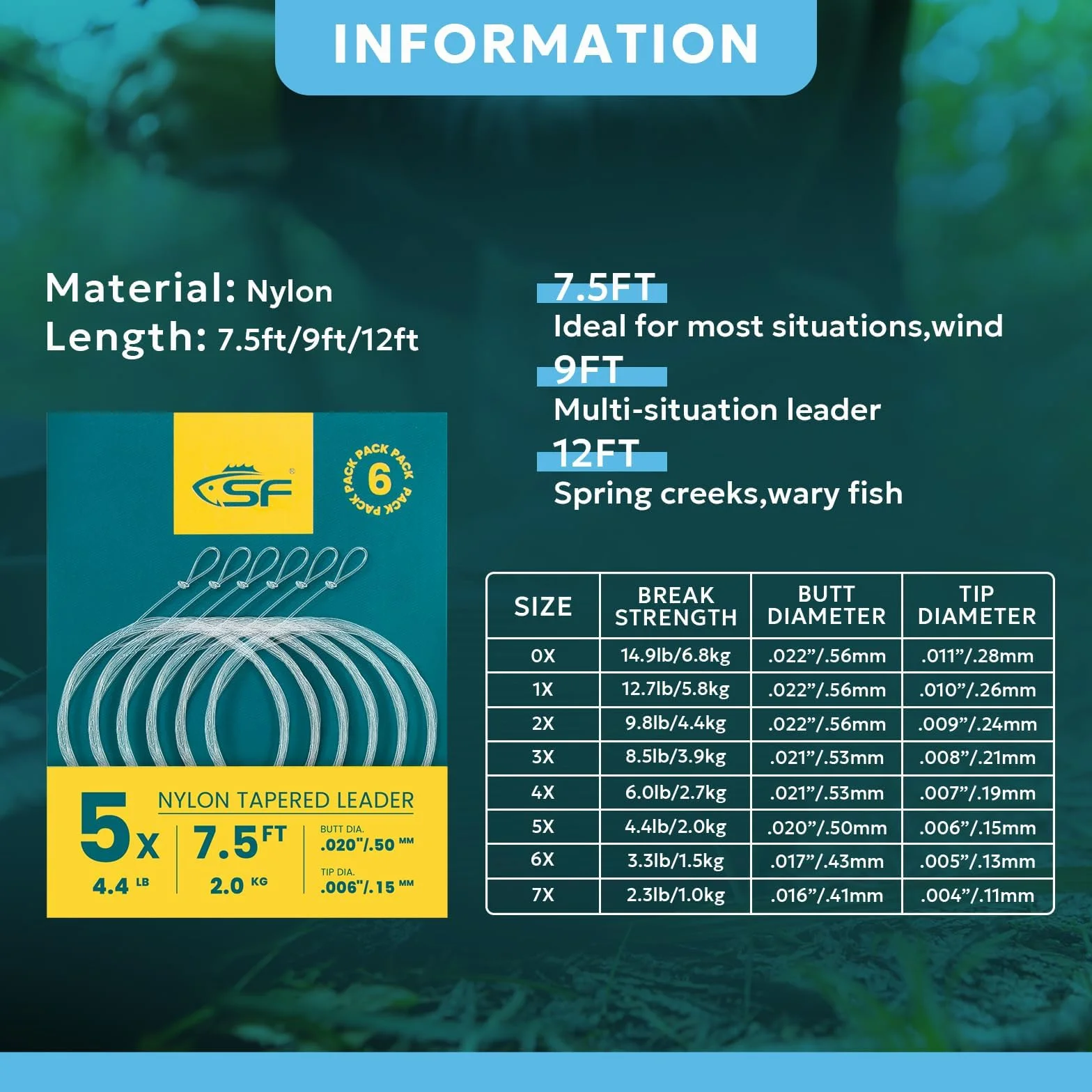 Welded Tapered Leader Pêche à la Mouche Nylon 7.5ft 9ft Paquet de 6