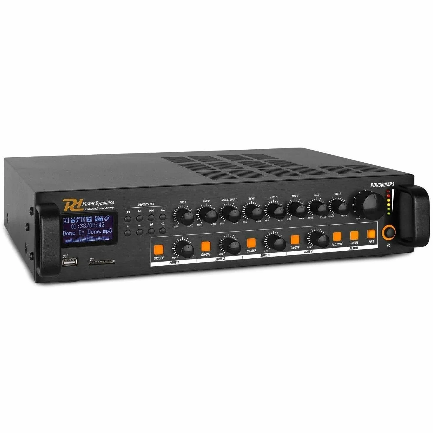 Power Dynamics PDV360MP3 Amplificateur Mixeur 100V 4 Zones - 360W, USB, SD, MP3, Bluetooth, Tuner FM, Canal Micro, Contact 24V pour Alarme Incendie, Idéal pour Tout Lieu à Sécuriser