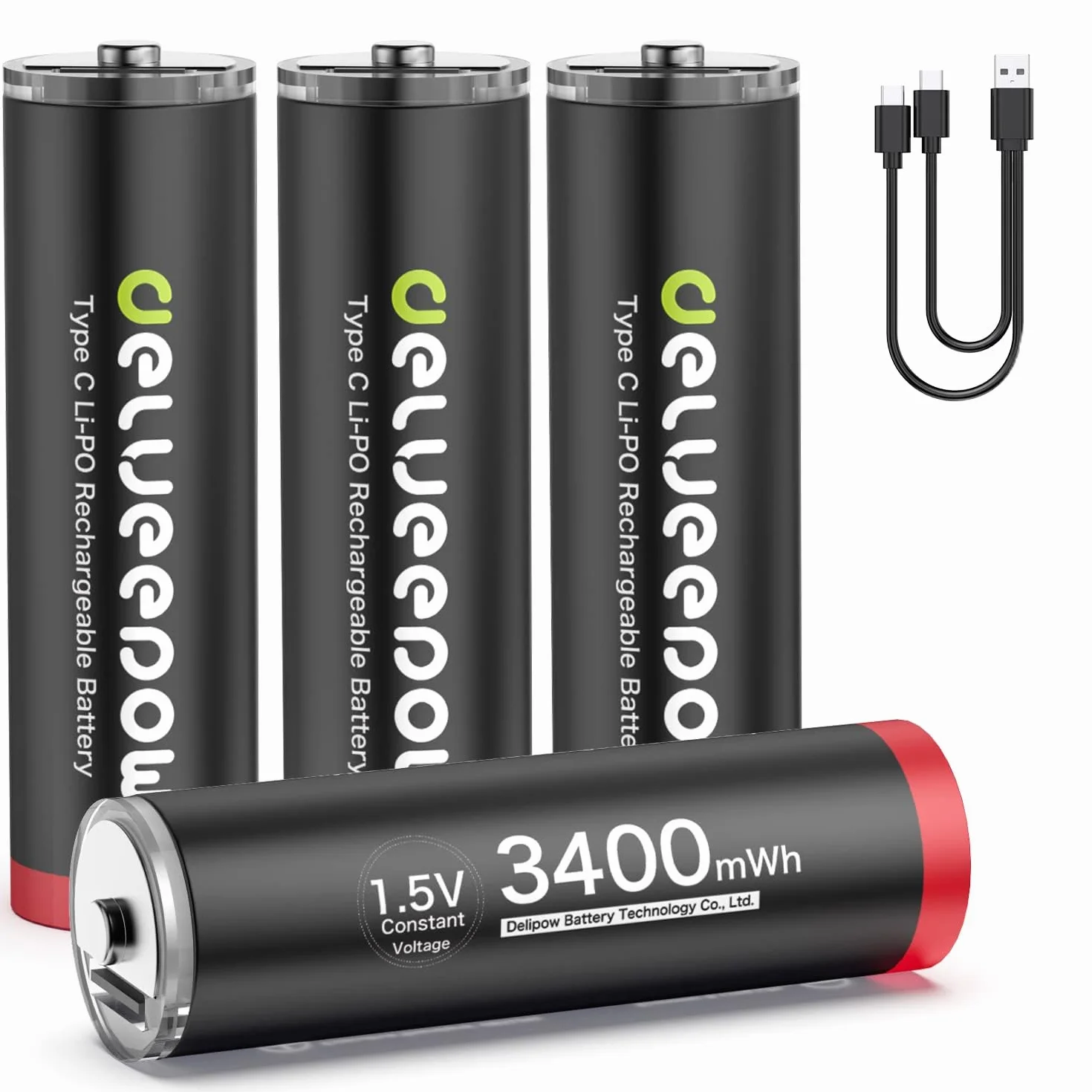 Piles Rechargeables AA 1,5V Lithium 3400mWh USB C 4 Pièces 1500 Cycles