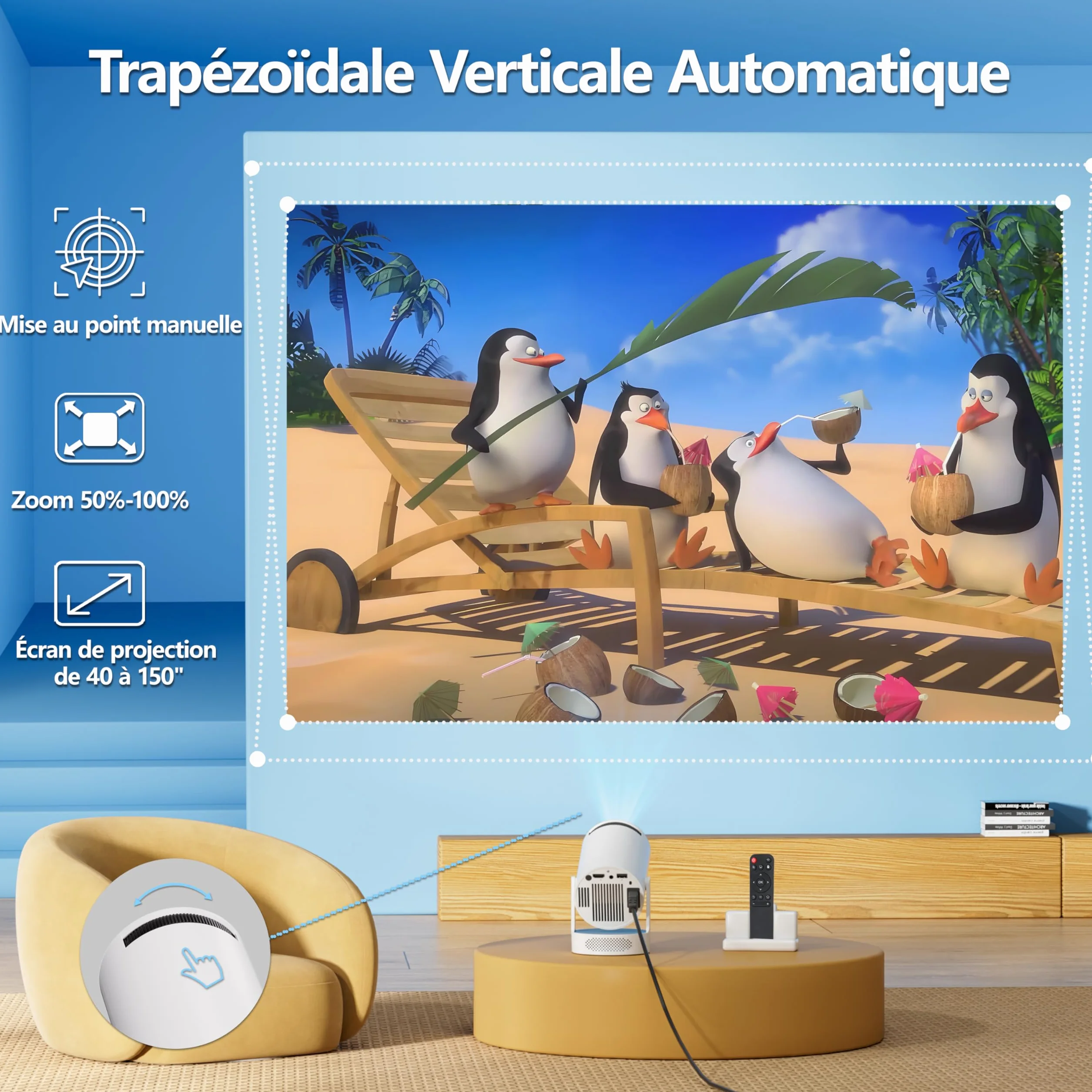 Vidéoprojecteur Intelligent Android 11, Mini Projecteur Portable FHD 1080P 4K, 300 ANSI Lumens, WiFi 6 Bluetooth 5.0
