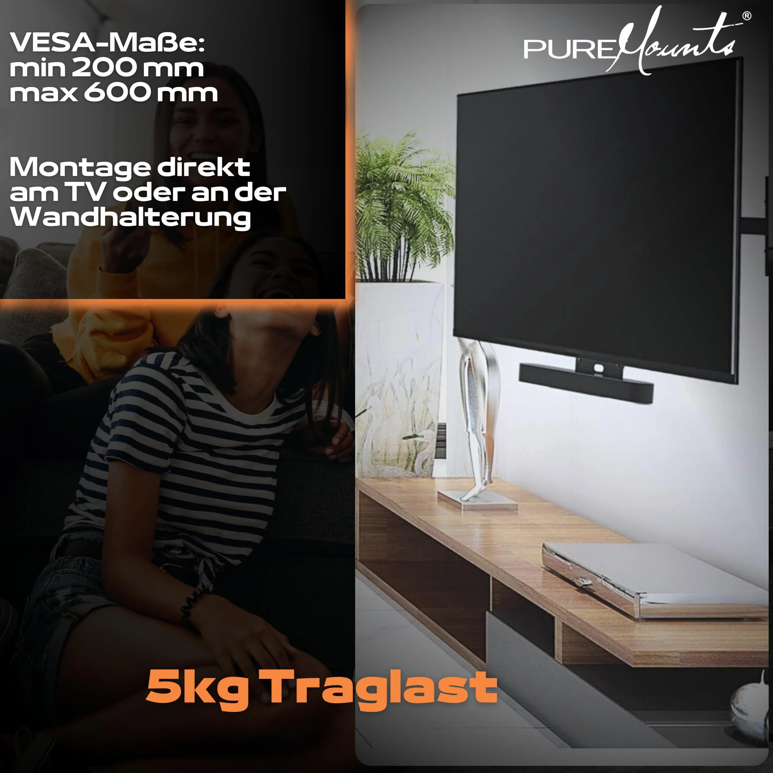 PureMounts PM-SOM-080 pour montage direct sur téléviseur compatible avec SONOS BEAM Barre de son, charge utile: 5 kg, noir