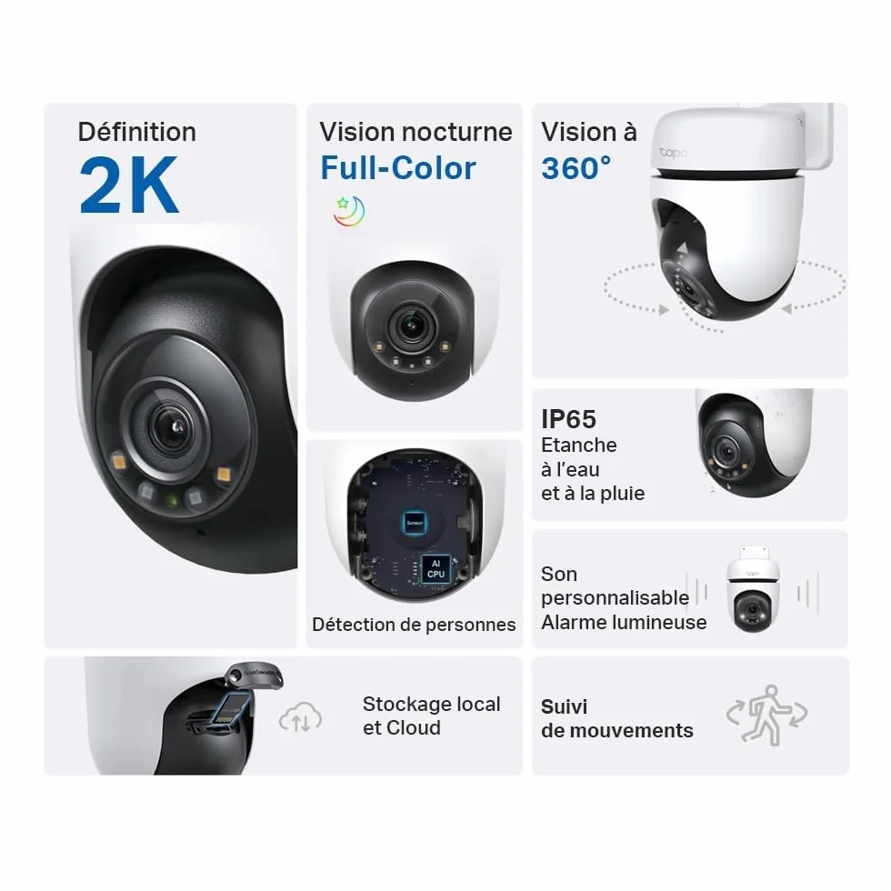 Tapo C510W 2K Caméra de Surveillance WiFi Extérieur 360° Vision Nocturne Couleur IP65