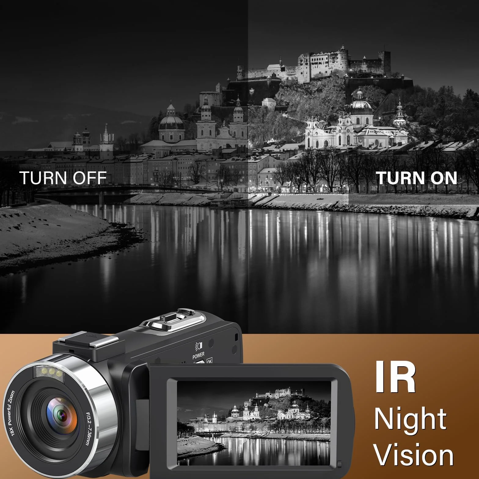 Caméscope 4K 30FPS 80MP Zoom Numérique 18X Caméra Vlogging Vision Nocturne IR Écran IPS 3.0" avec Carte SD 32 Go