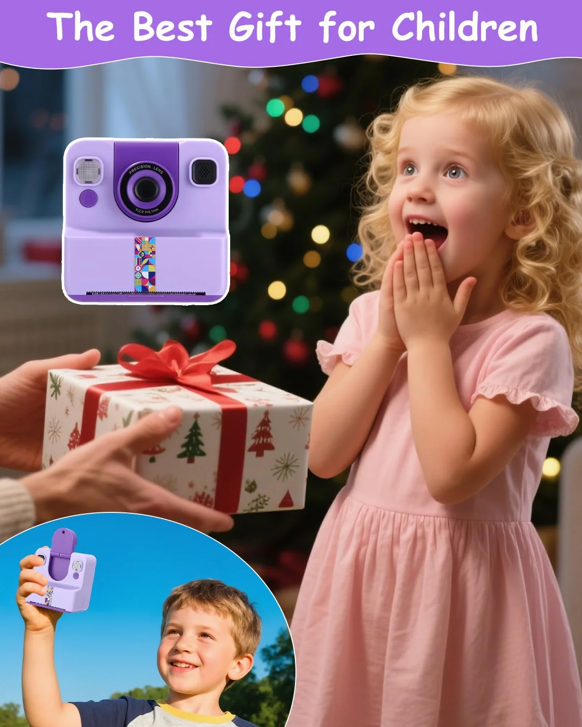 Appareil Photo Enfant, Appareil Photo Instantané Enfant, Kit avec 5 Rouleaux de Papier, 2.4" Écran, Vidéo 1080P et Selfie, Carte 32 Go, Cadeau Créatif pour Fille Garçon 3-12 Ans, Violet