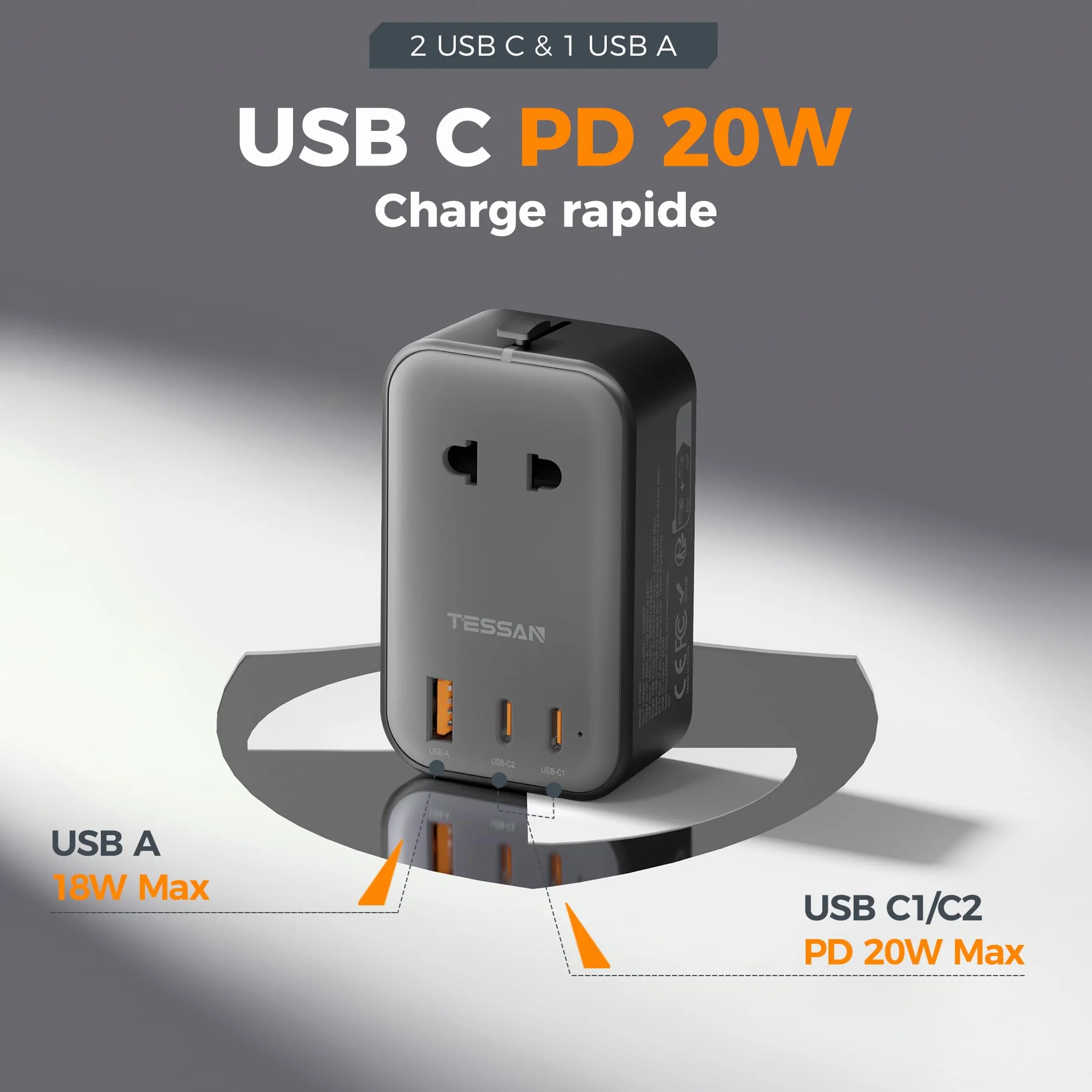 TESSAN Adaptateur Prise Universelle PD 20W, 2 USB C et 1 USB A, Voyage pour France USA Angleterre Australie Japon Chine Thaïlande