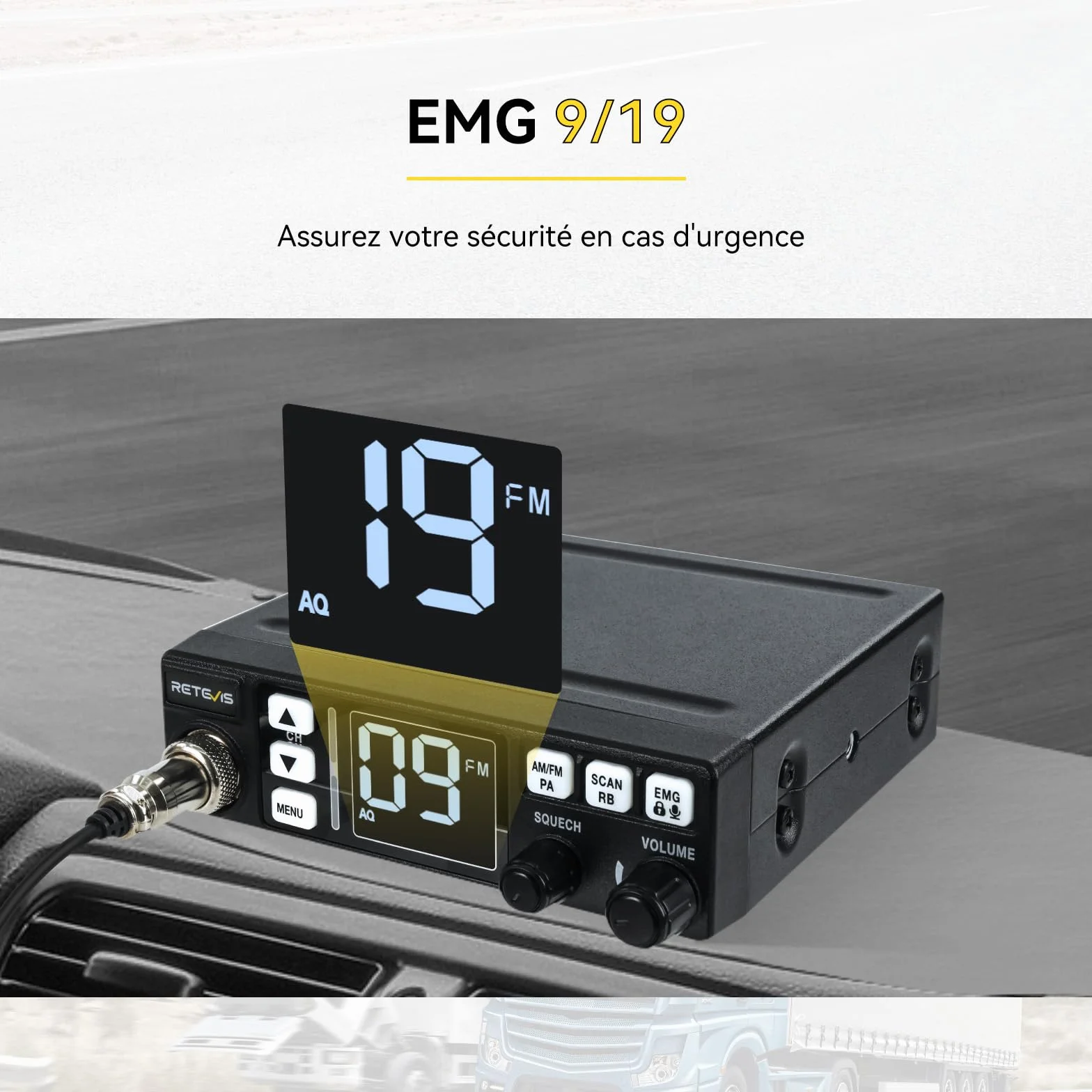 Retevis MB63 Radio CB Mobile Kit Complet avec Antenne AM/FM/PA Écran LCD VOX SQ/ASQ EMG CH9/19 Noir