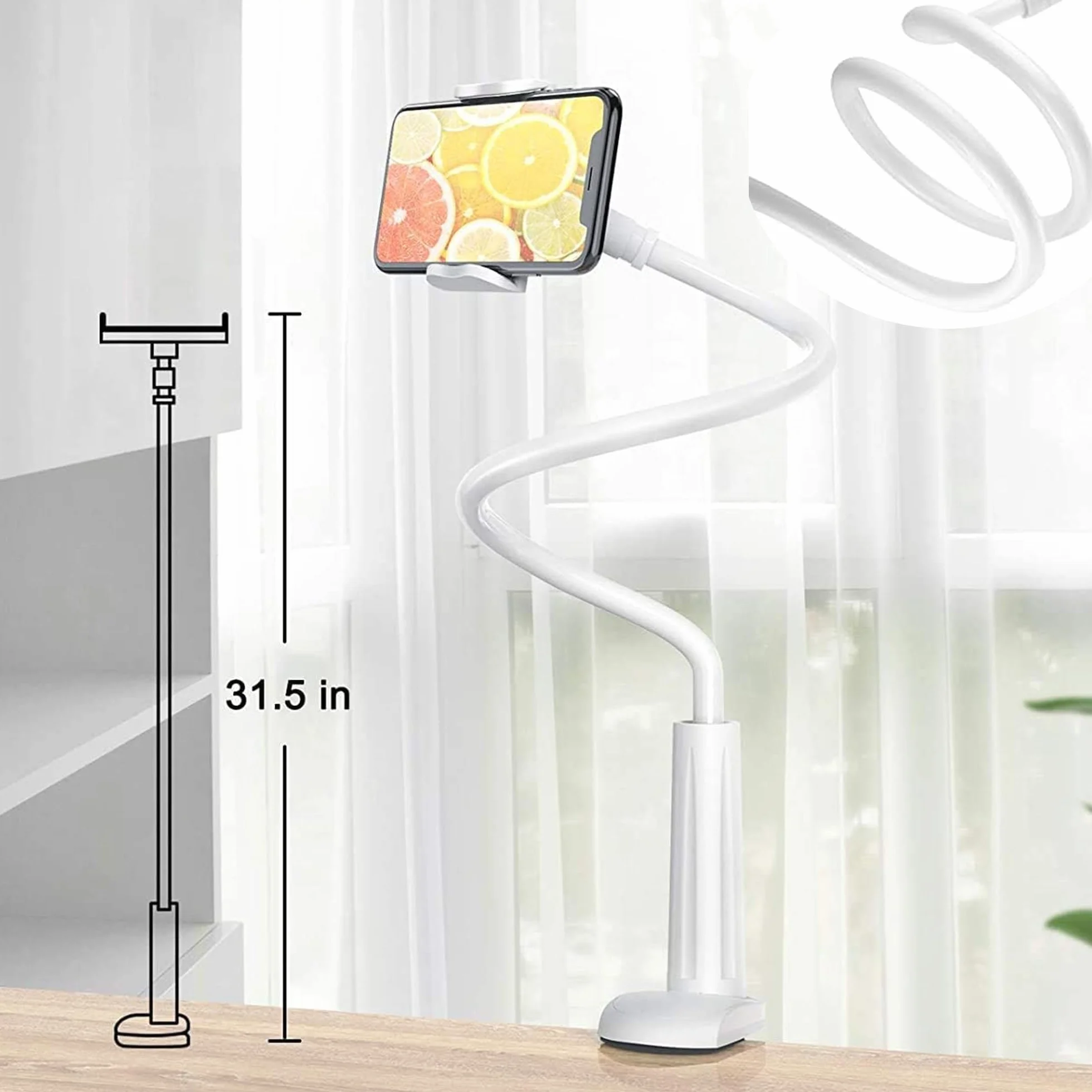 Support de Téléphone, Universelle Lit Support Telephone Bureau Rotation 360° Support,80 cm de Longueur Totale, Gooseneck Support Réglable, Bras Extensible (Blanc)