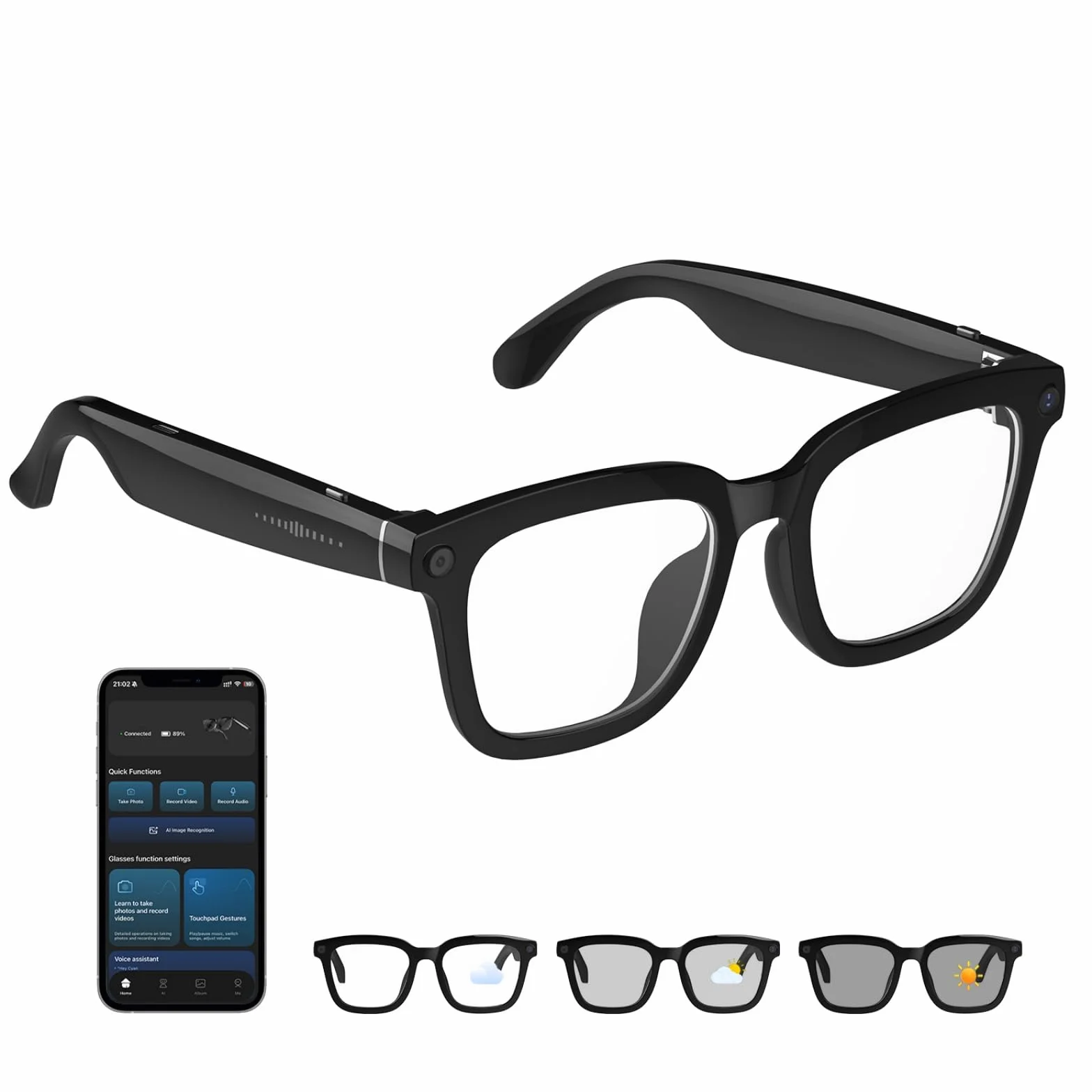 AI Smart Glasses Caméra HD 1200P avec 8 MP Anti-tremblement, lentilles photochromiques pour l'extérieur et Les Voyages, Enregistrement vidéo, Reconnaissance des Objets AI et intégration