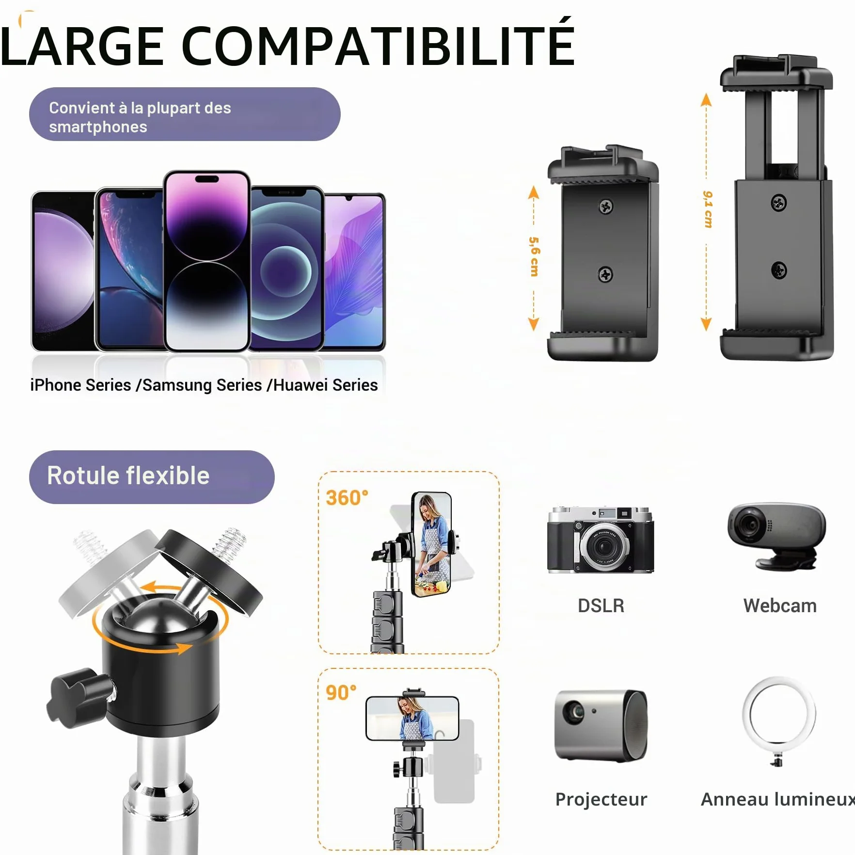 Victiv 224cm Haute Trepied Smartphone, Trépied Téléphone en Aluminium avec Col de Cygne Réglable, Télécommande, Support Telephone, Extensible Trépieds Appareil Photo avec Rotule à 360° pour DSLR Canon