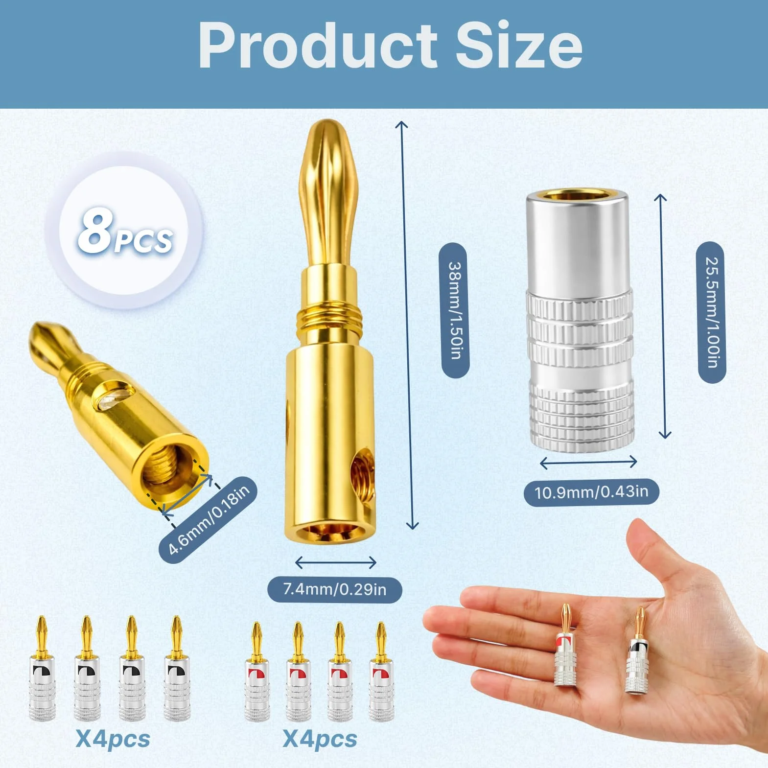 8PCS Fiche Banane 4mm pour Câble Enceinte, Fiche Banane Enceinte Connecteurs pour Enceintes Plaqués Or sans Soudure, Fiches Banane HiFi pour Haut-Parleur et Amplificateur, Banane Connecteur Audio