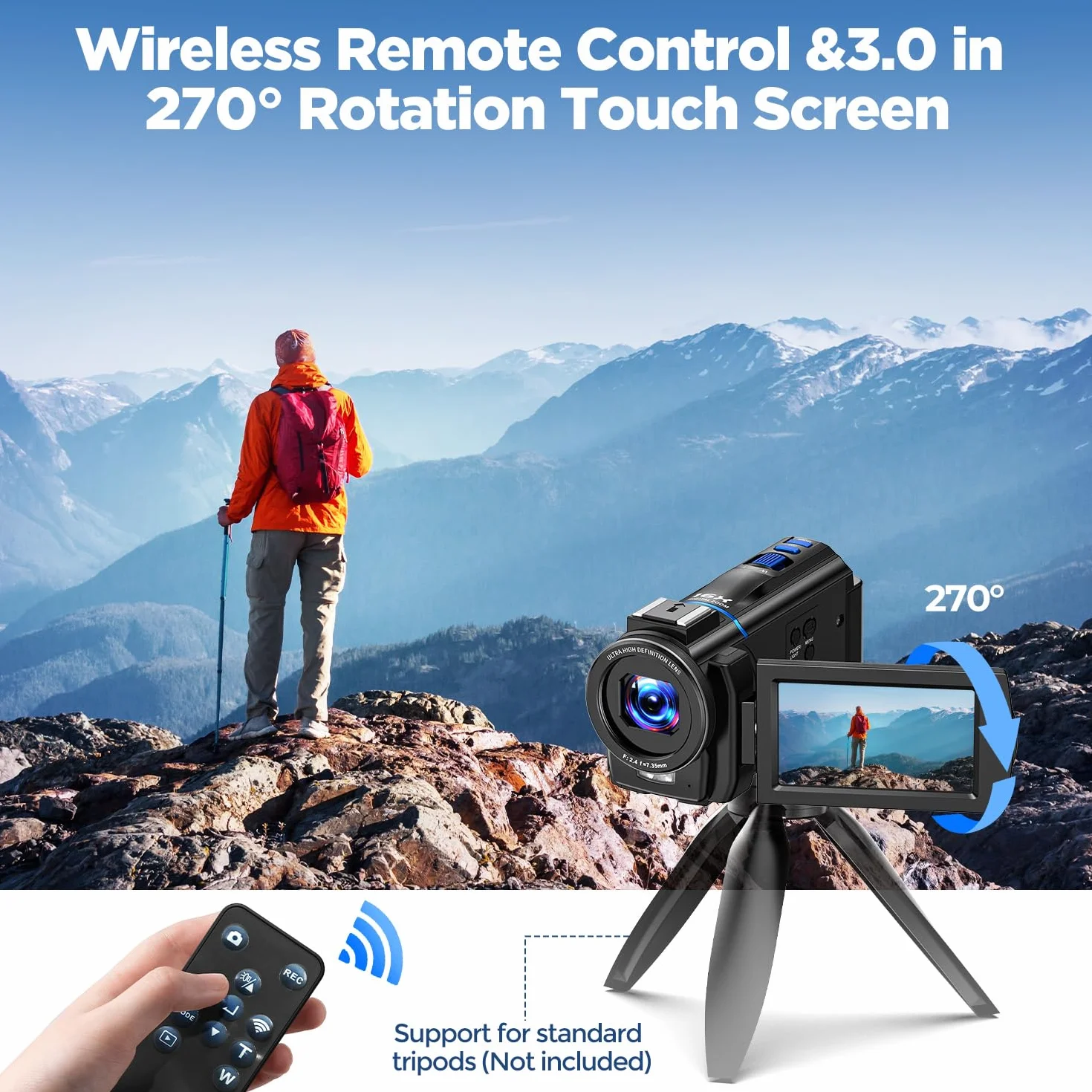 Caméra Vidéo 4K Camescope 48MP Zoom 16X Vision Nocturne Écran Tactile Rotatif 270° avec Carte SD 32Go