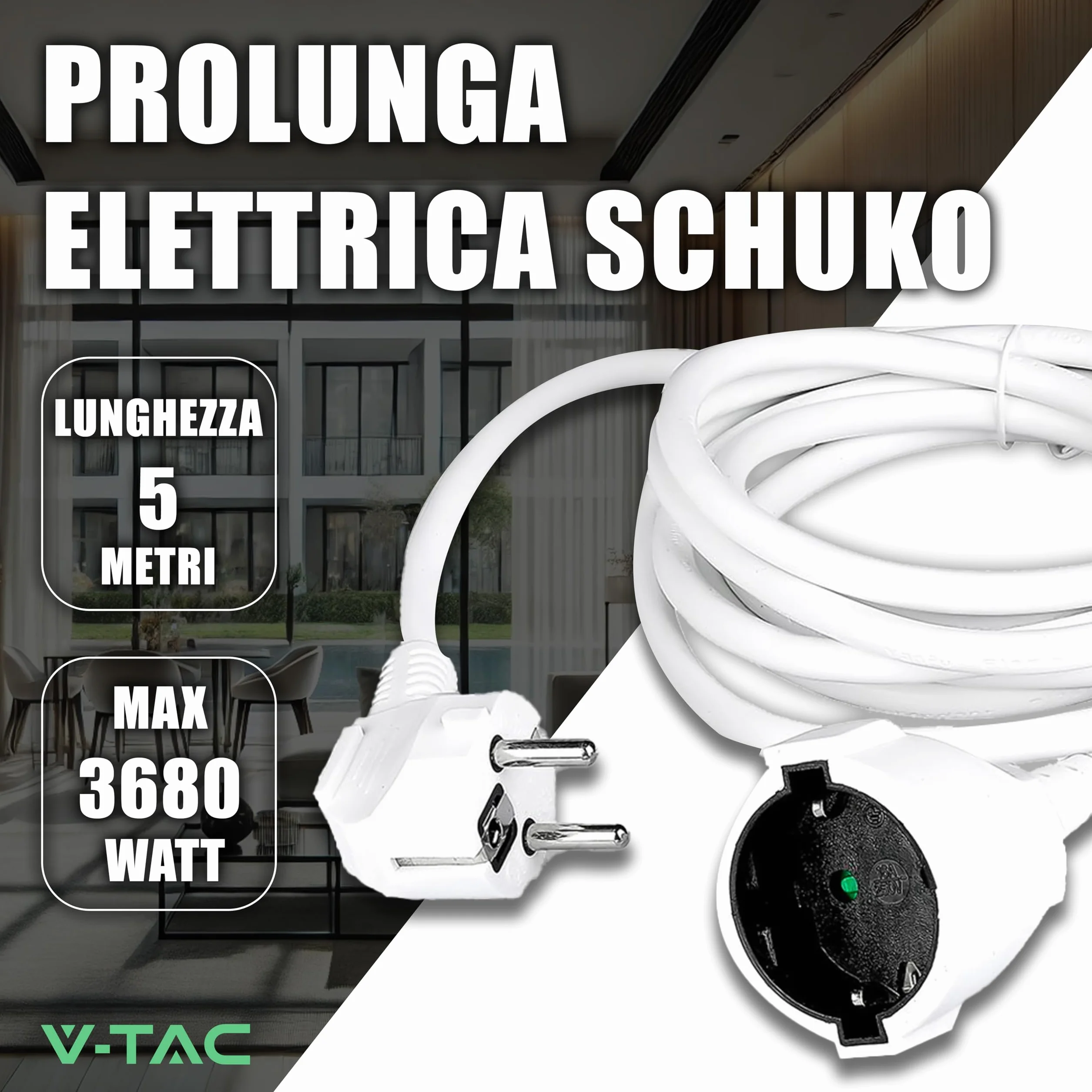 V-TAC Rallonge Électrique 5 MÈTRES - Prise Shuko - Prolongateur Électrique de Câble pour la Maison, Le Bureau, Le Magasin, Le Travail - Super résistante - Charge maximale 3680W